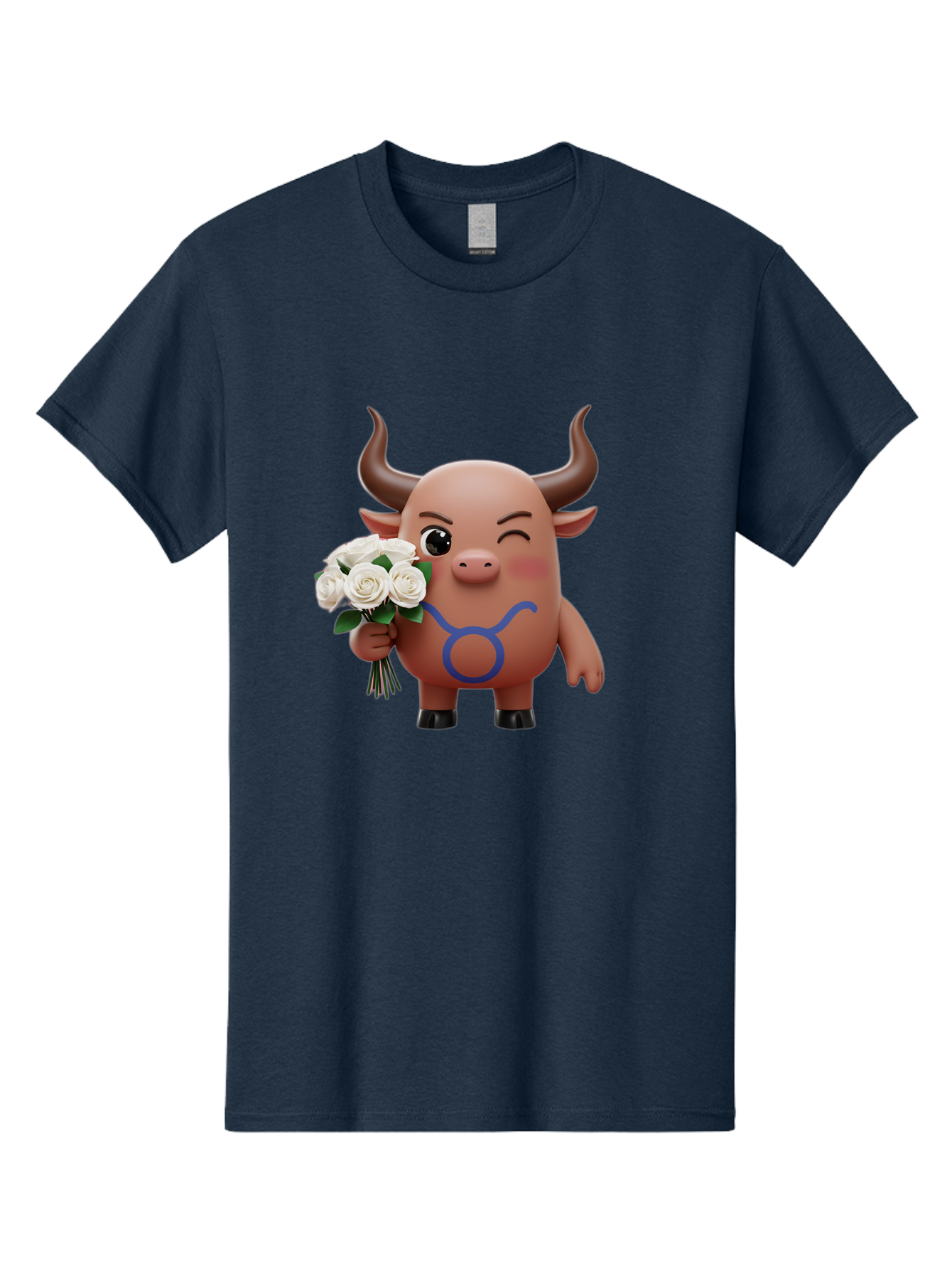 Taurus Men'S Graphic Tee, 100% Cotton, Comfortable Casual Summer Wear, Machine Washable, Taurus Zodiac Symbol, Cartoon Bull Character, Holding White Roses, Symbol Of Love, Astrological Sign, Bull Emoji, Cute Illustration, Zodiac Sign, Bae306 2