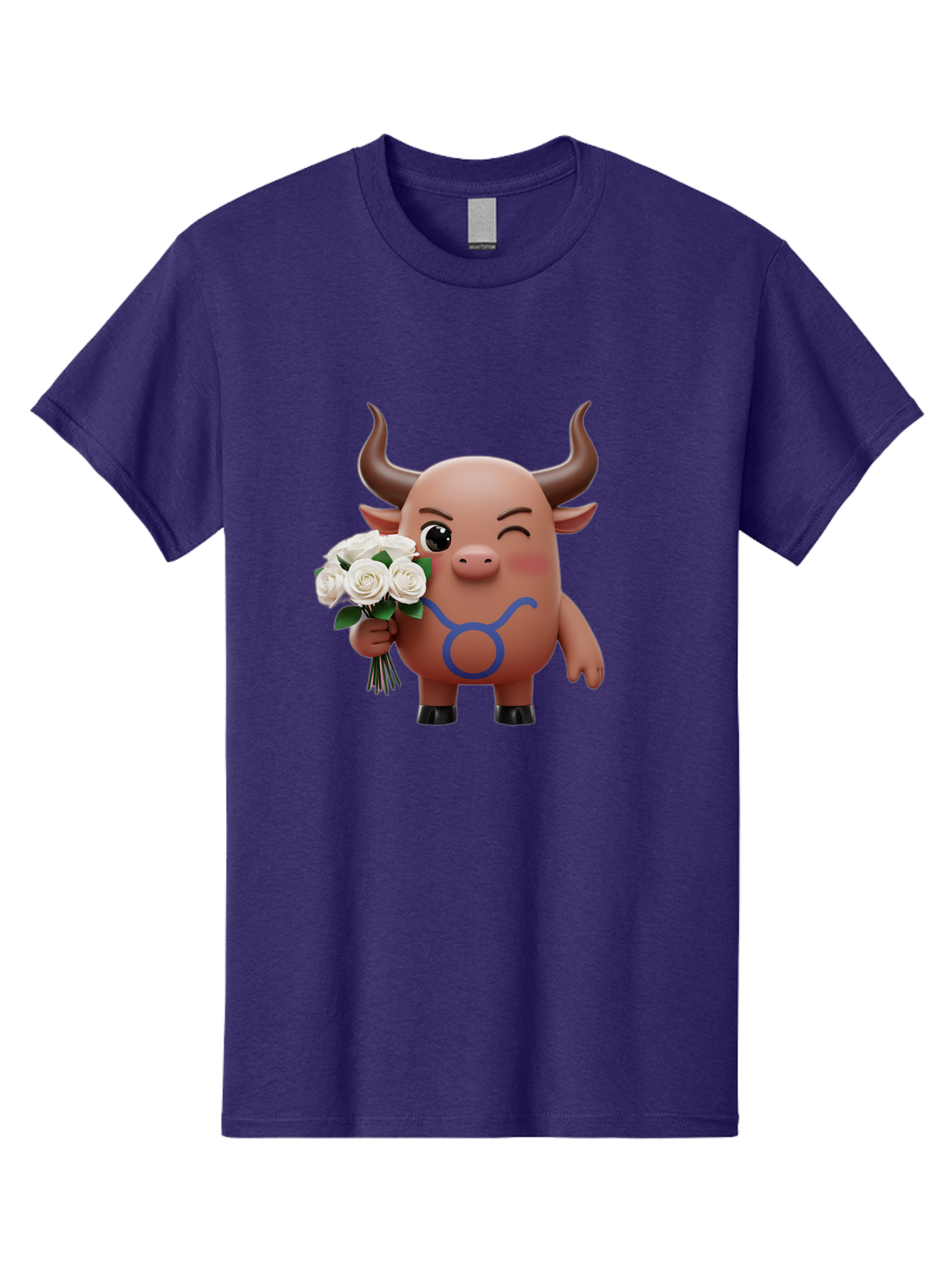 Taurus Men'S Graphic Tee, 100% Cotton, Comfortable Casual Summer Wear, Machine Washable, Taurus Zodiac Symbol, Cartoon Bull Character, Holding White Roses, Symbol Of Love, Astrological Sign, Bull Emoji, Cute Illustration, Zodiac Sign, Bae306 1