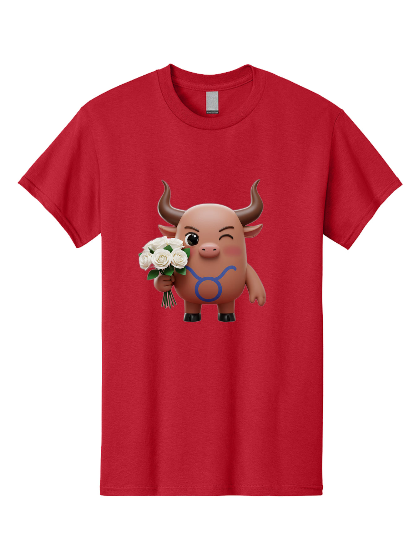 Taurus Men'S Graphic Tee, 100% Cotton, Comfortable Casual Summer Wear, Machine Washable, Taurus Zodiac Symbol, Cartoon Bull Character, Holding White Roses, Symbol Of Love, Astrological Sign, Bull Emoji, Cute Illustration, Zodiac Sign, Bae306 3