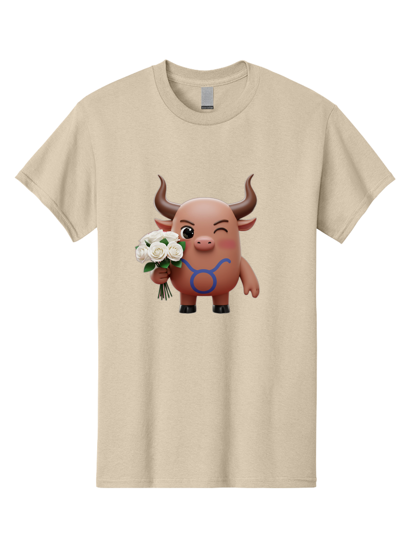 Taurus Men'S Graphic Tee, 100% Cotton, Comfortable Casual Summer Wear, Machine Washable, Taurus Zodiac Symbol, Cartoon Bull Character, Holding White Roses, Symbol Of Love, Astrological Sign, Bull Emoji, Cute Illustration, Zodiac Sign, Bae306 8