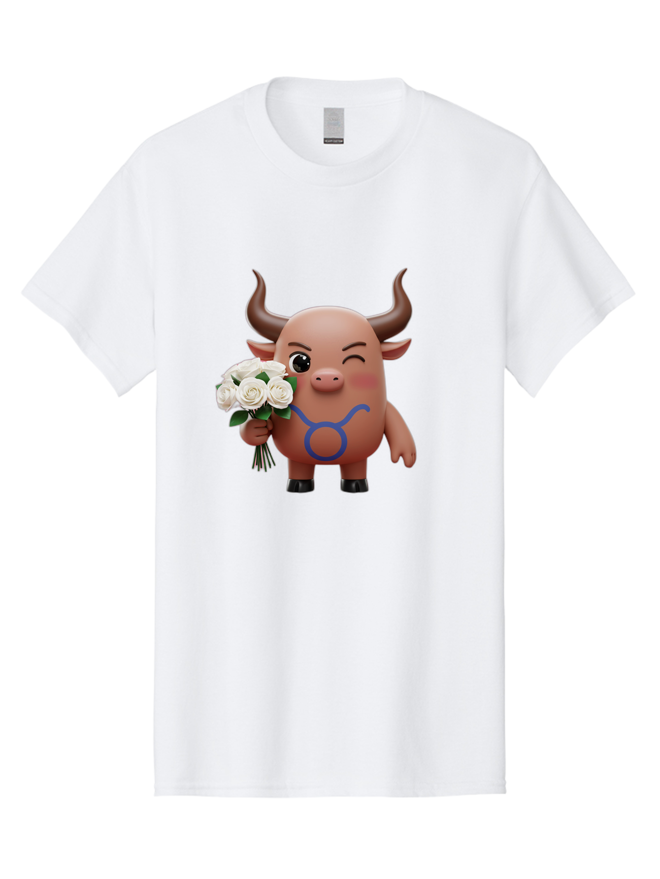 Taurus Men'S Graphic Tee, 100% Cotton, Comfortable Casual Summer Wear, Machine Washable, Taurus Zodiac Symbol, Cartoon Bull Character, Holding White Roses, Symbol Of Love, Astrological Sign, Bull Emoji, Cute Illustration, Zodiac Sign, Bae306 9