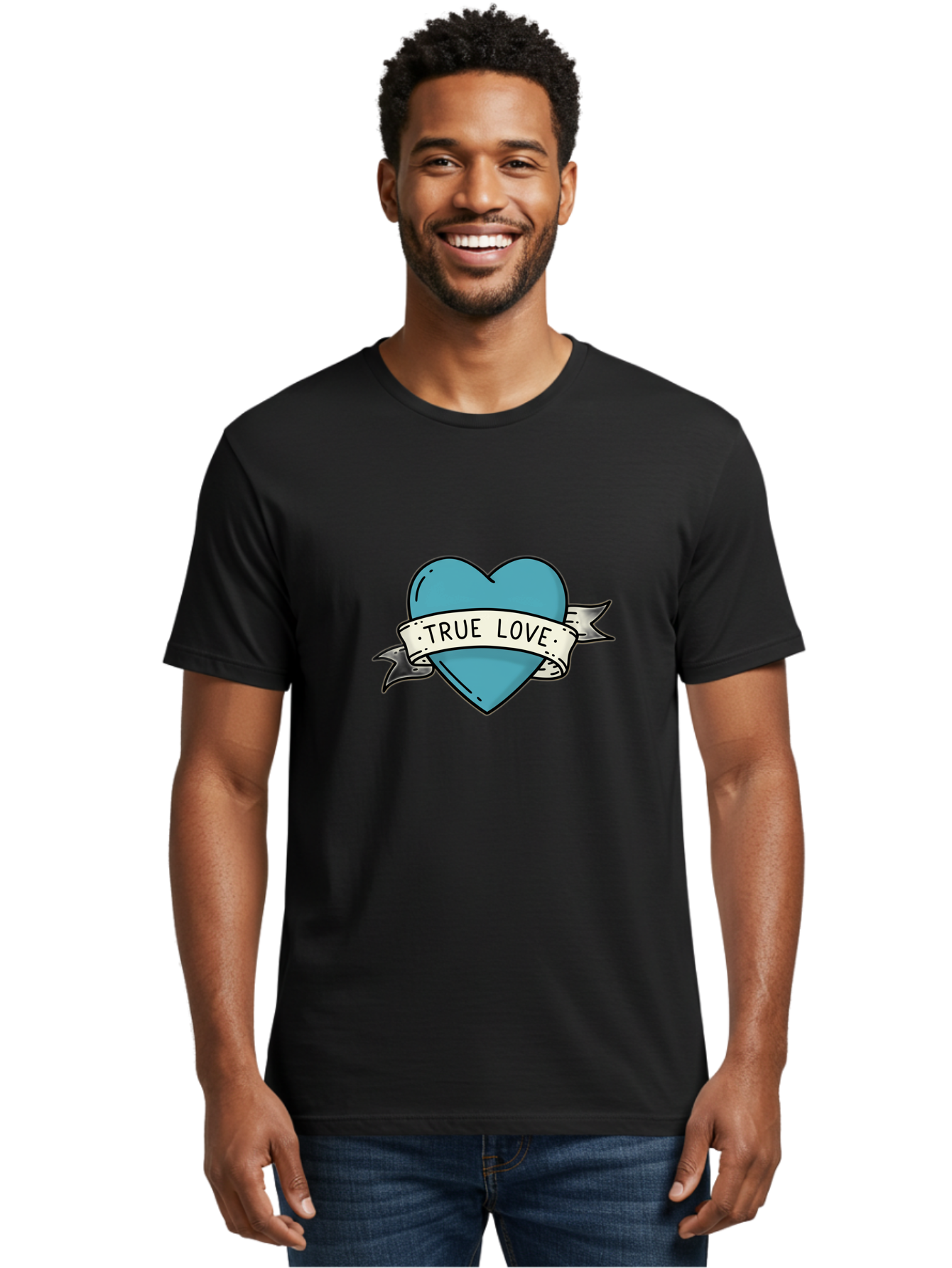 True-Love-1 Men'S Graphic Tee, 100% Cotton, Comfortable Casual Summer Wear, Machine Washable, Tattoo Heart Design, Blue Heart Illustration, True Love Symbol, Banner Wrapped Heart, Classic Tattoo Style, Simple Design Elements, Bae309 30