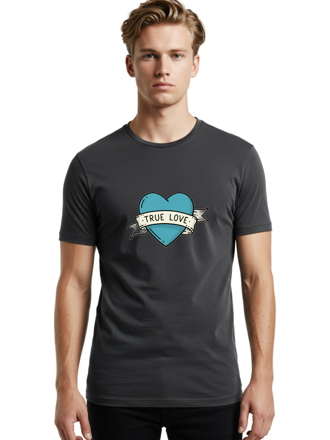 True-Love-1 Men'S Graphic Tee, 100% Cotton, Comfortable Casual Summer Wear, Machine Washable, Tattoo Heart Design, Blue Heart Illustration, True Love Symbol, Banner Wrapped Heart, Classic Tattoo Style, Simple Design Elements, Bae309 23