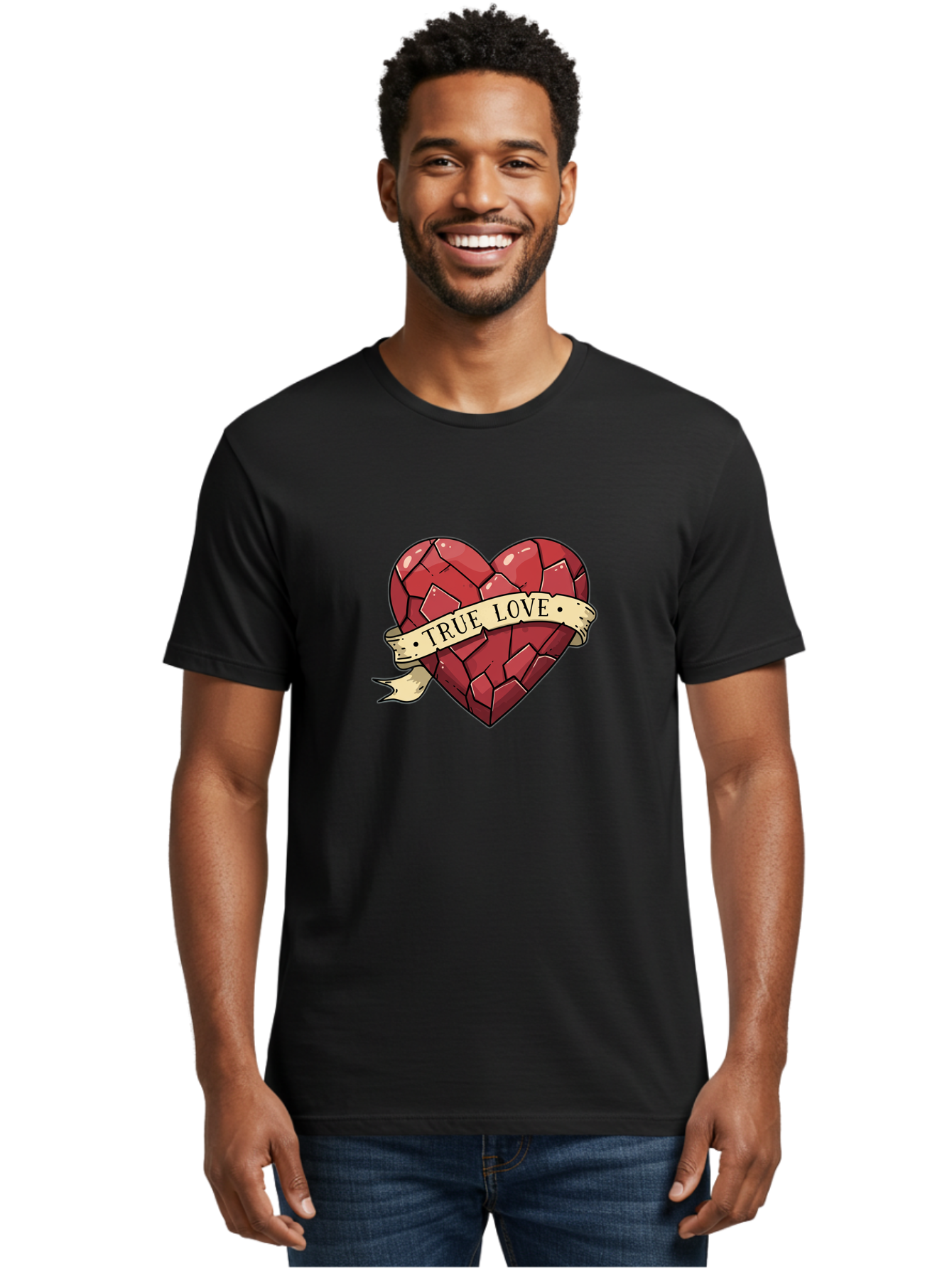 True-Love-10 Men'S Graphic Tee, 100% Cotton, Comfortable Casual Summer Wear, Machine Washable, Shattered Heart, Broken Heart, True Love, Vintage Style, Tattoo Art, Heartbreak, Love Symbol, Red Heart, Beige Ribbon Bae310 28