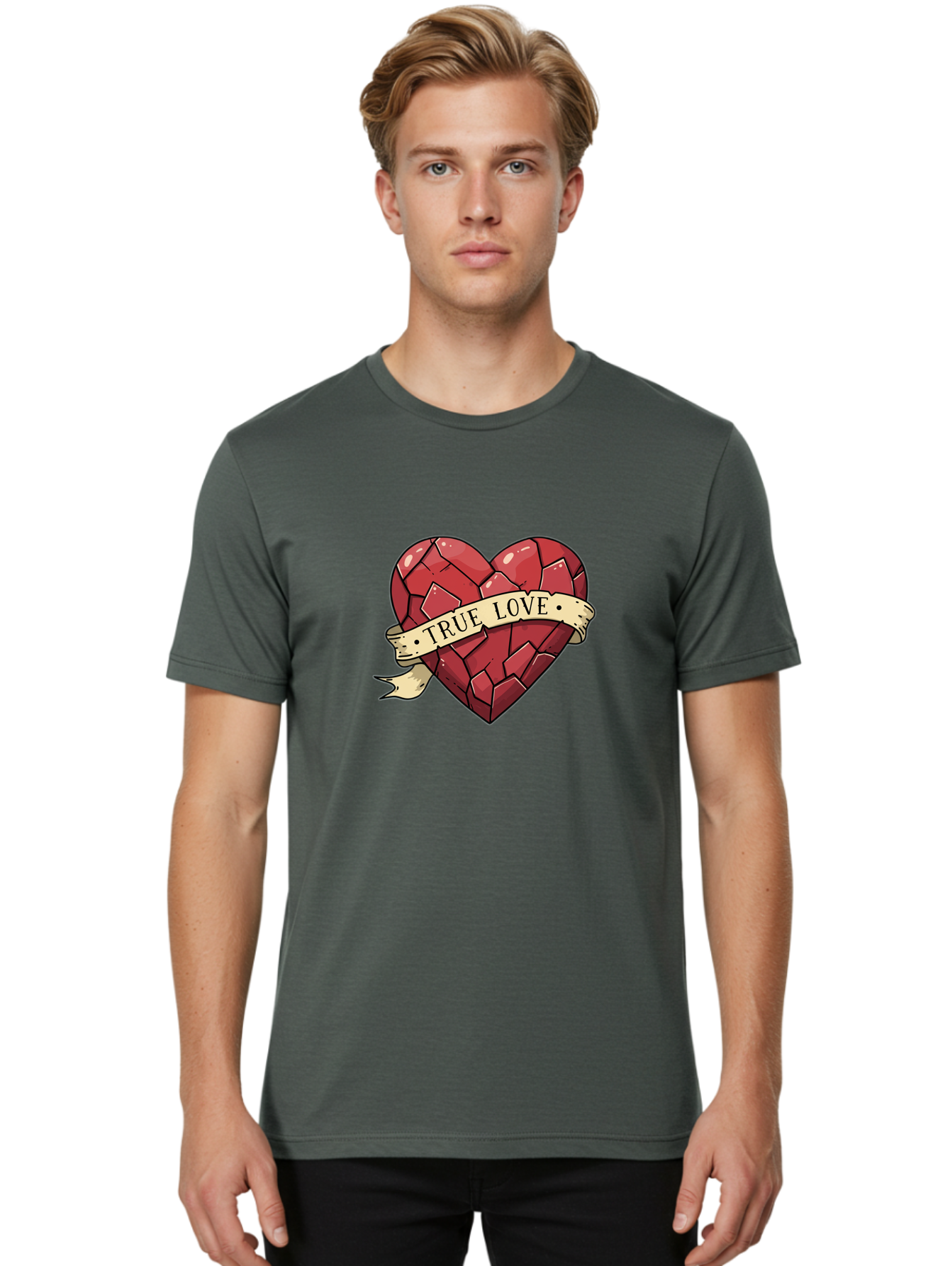 True-Love-10 Men'S Graphic Tee, 100% Cotton, Comfortable Casual Summer Wear, Machine Washable, Shattered Heart, Broken Heart, True Love, Vintage Style, Tattoo Art, Heartbreak, Love Symbol, Red Heart, Beige Ribbon Bae310 25