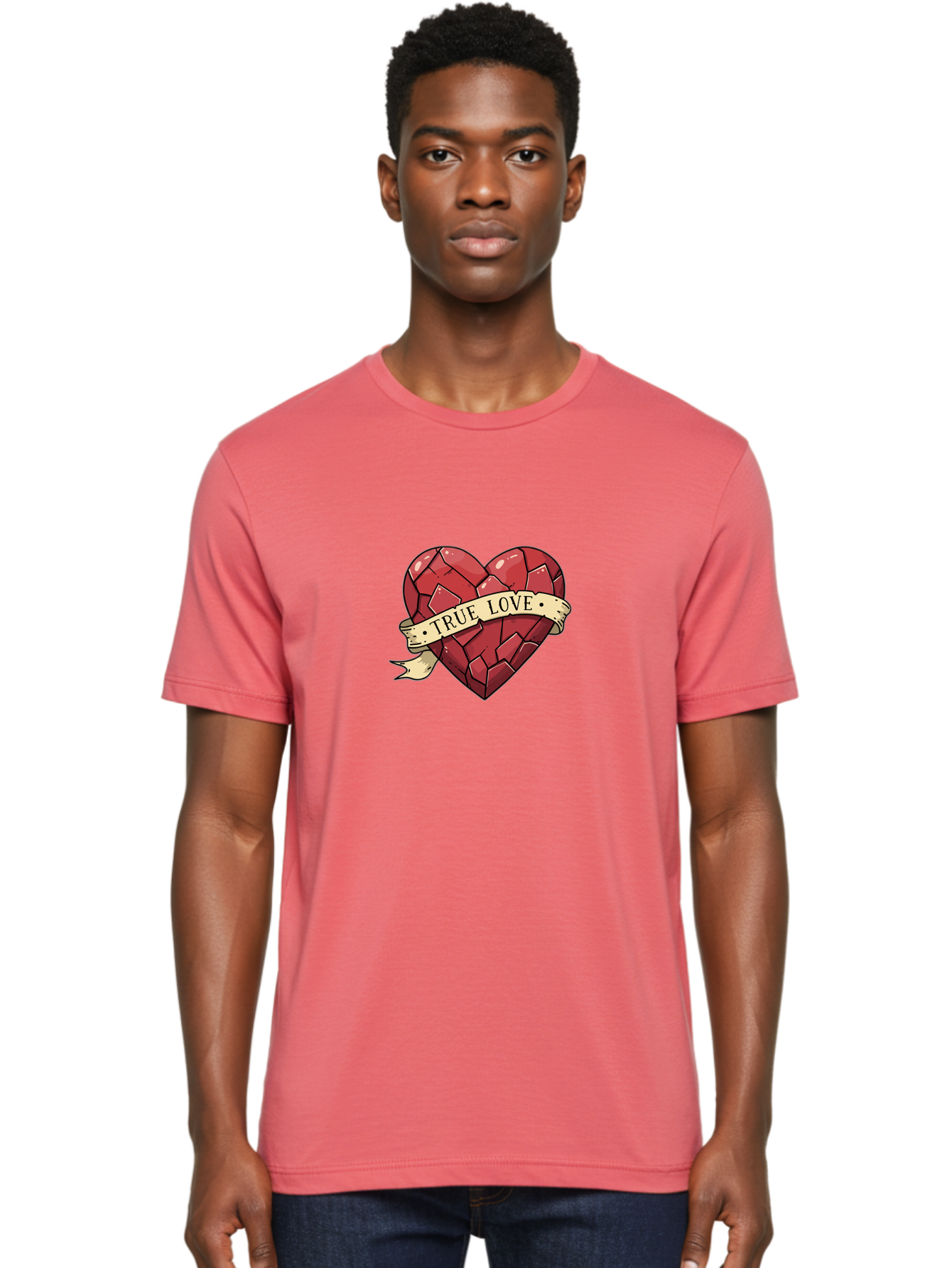 True-Love-10 Men'S Graphic Tee, 100% Cotton, Comfortable Casual Summer Wear, Machine Washable, Shattered Heart, Broken Heart, True Love, Vintage Style, Tattoo Art, Heartbreak, Love Symbol, Red Heart, Beige Ribbon Bae310 20