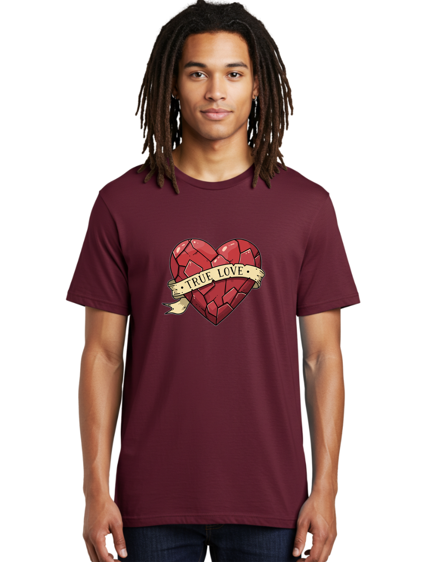 True-Love-10 Men'S Graphic Tee, 100% Cotton, Comfortable Casual Summer Wear, Machine Washable, Shattered Heart, Broken Heart, True Love, Vintage Style, Tattoo Art, Heartbreak, Love Symbol, Red Heart, Beige Ribbon Bae310 21