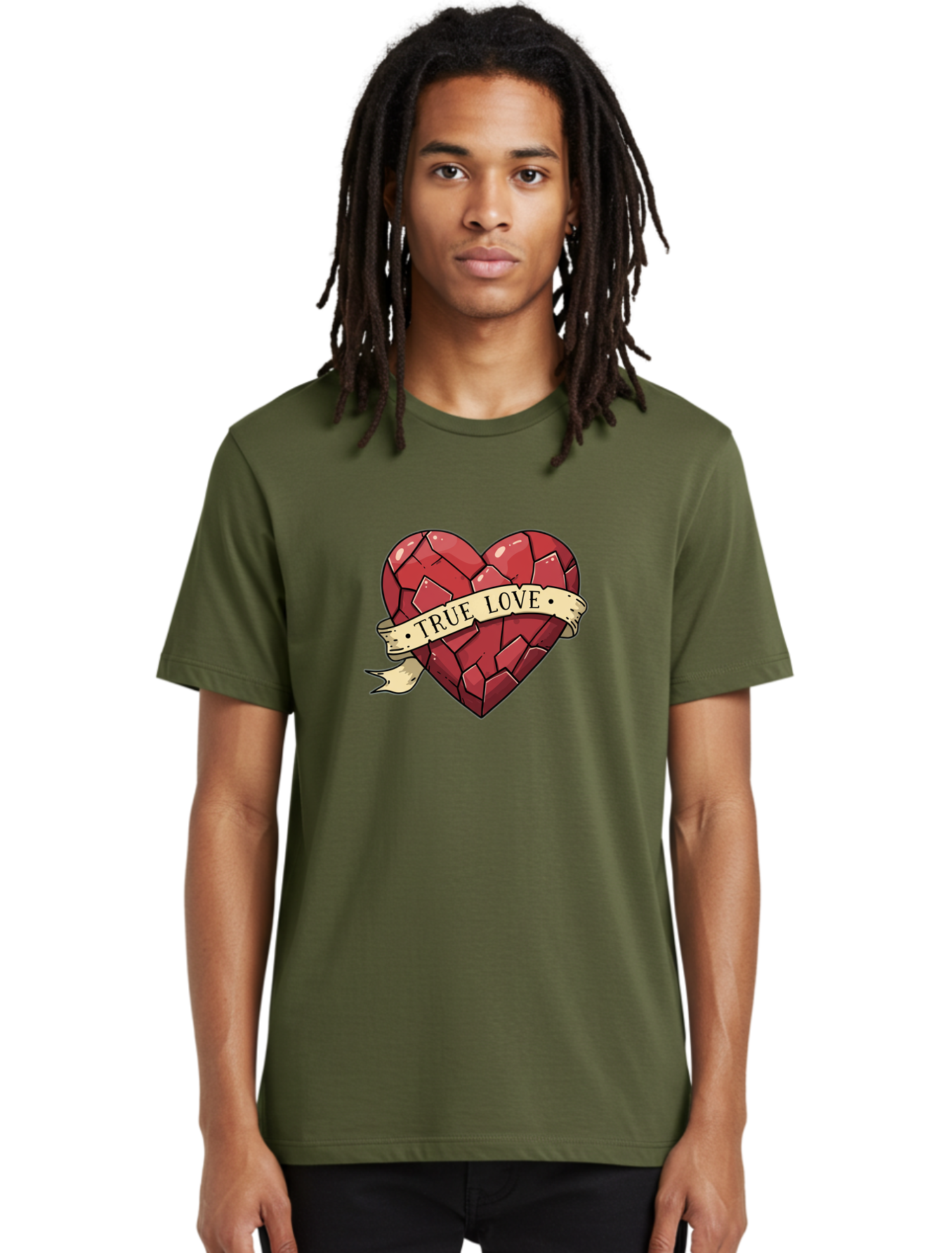 True-Love-10 Men'S Graphic Tee, 100% Cotton, Comfortable Casual Summer Wear, Machine Washable, Shattered Heart, Broken Heart, True Love, Vintage Style, Tattoo Art, Heartbreak, Love Symbol, Red Heart, Beige Ribbon Bae310 17