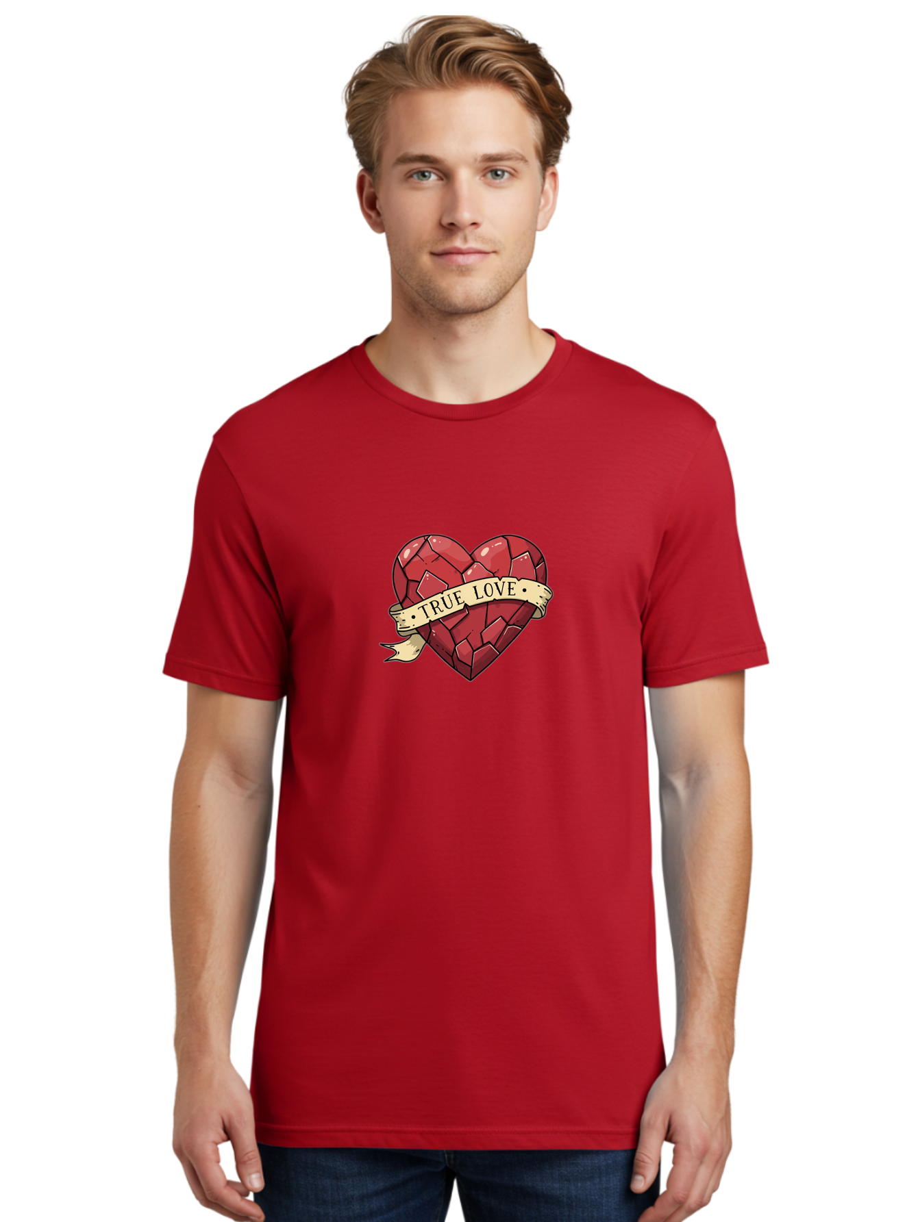 True-Love-10 Men'S Graphic Tee, 100% Cotton, Comfortable Casual Summer Wear, Machine Washable, Shattered Heart, Broken Heart, True Love, Vintage Style, Tattoo Art, Heartbreak, Love Symbol, Red Heart, Beige Ribbon Bae310 19