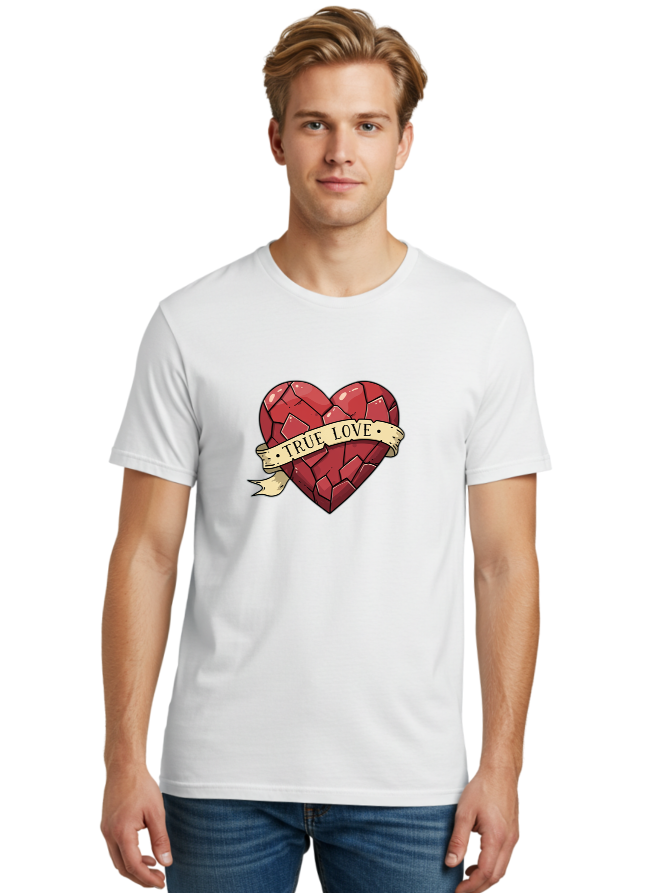 True-Love-10 Men'S Graphic Tee, 100% Cotton, Comfortable Casual Summer Wear, Machine Washable, Shattered Heart, Broken Heart, True Love, Vintage Style, Tattoo Art, Heartbreak, Love Symbol, Red Heart, Beige Ribbon Bae310 24