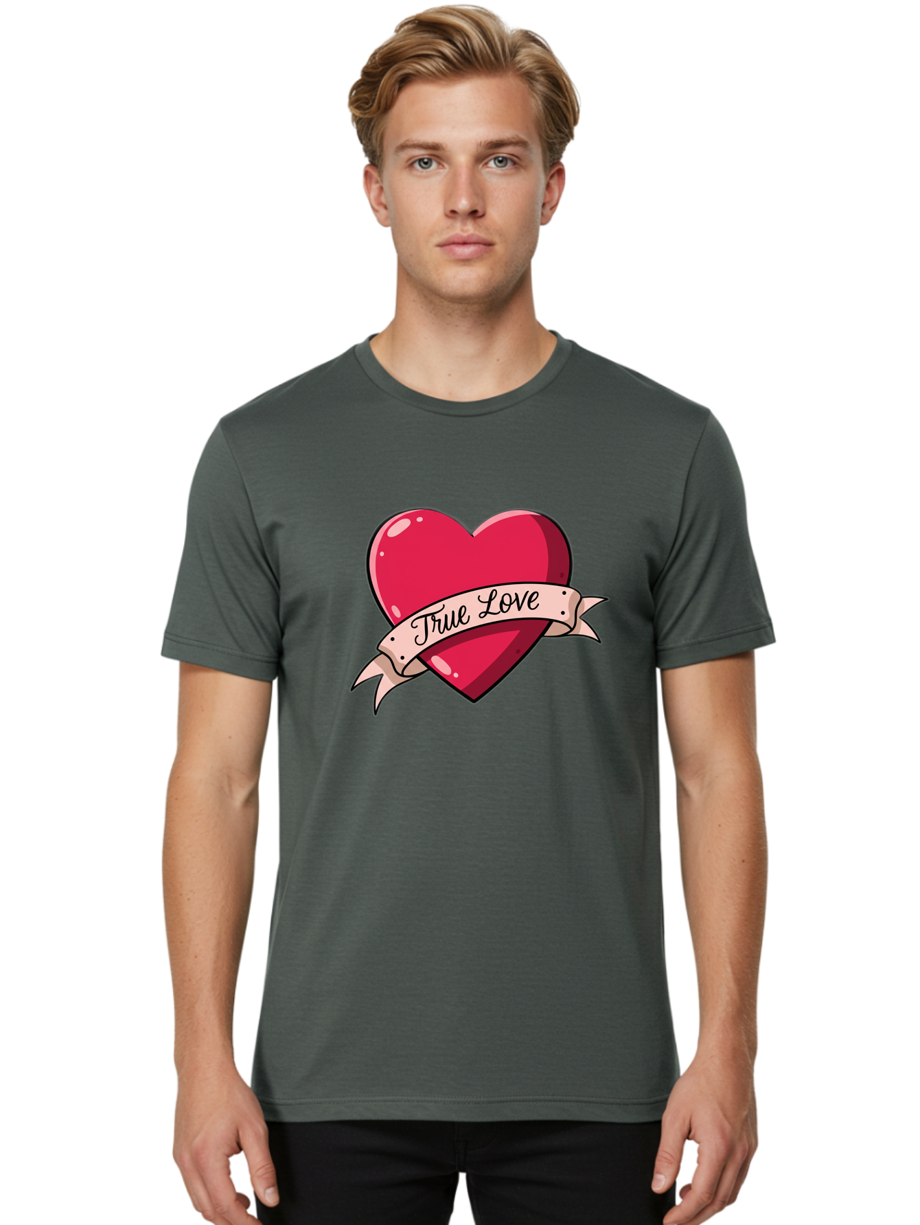 True-Love-2 Men'S Graphic Tee, 100% Cotton, Comfortable Casual Summer Wear, Machine Washable, Sweetheart Tattoo Design, Heart With Ribbon, True Love Phrase, Tattoo Art, Valentine Symbol, Love Heart Bae311 21