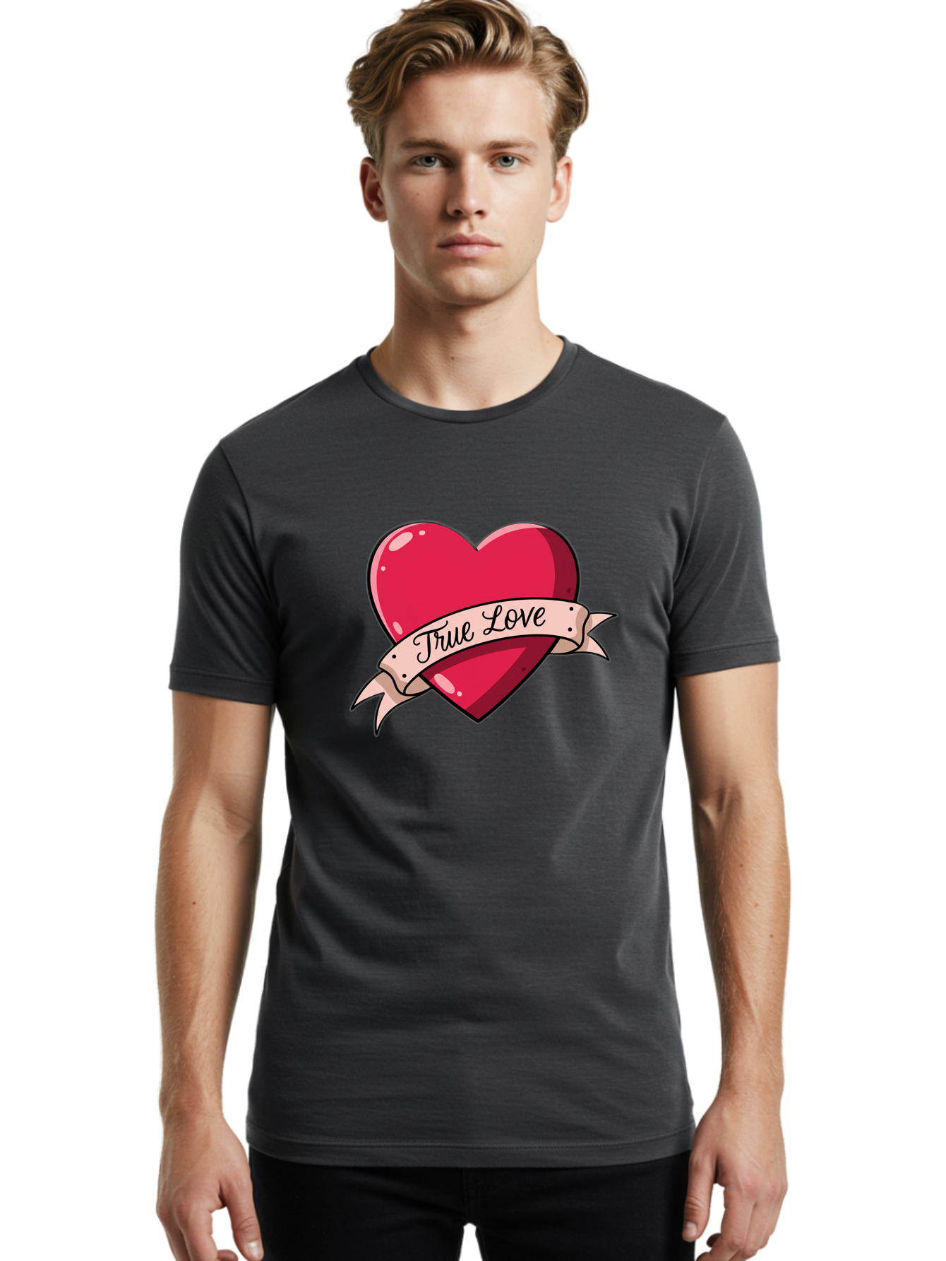 True-Love-2 Men'S Graphic Tee, 100% Cotton, Comfortable Casual Summer Wear, Machine Washable, Sweetheart Tattoo Design, Heart With Ribbon, True Love Phrase, Tattoo Art, Valentine Symbol, Love Heart Bae311 25