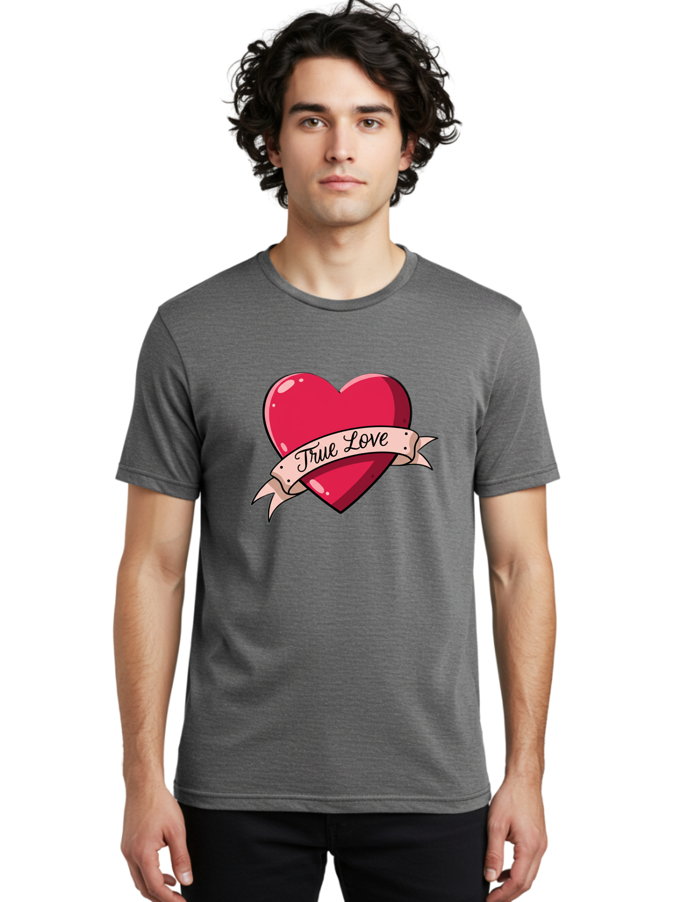 True-Love-2 Men'S Graphic Tee, 100% Cotton, Comfortable Casual Summer Wear, Machine Washable, Sweetheart Tattoo Design, Heart With Ribbon, True Love Phrase, Tattoo Art, Valentine Symbol, Love Heart Bae311 24
