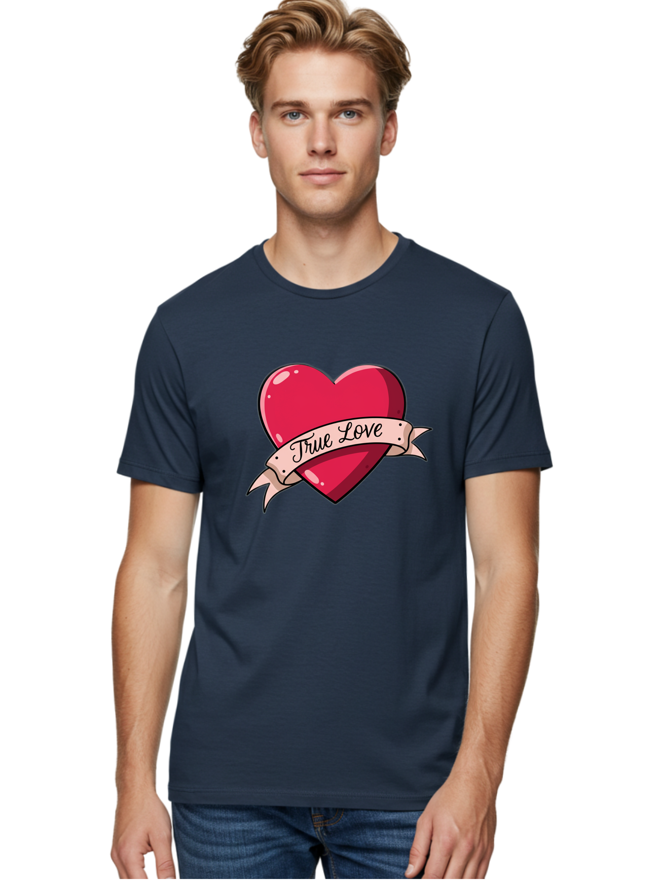 True-Love-2 Men'S Graphic Tee, 100% Cotton, Comfortable Casual Summer Wear, Machine Washable, Sweetheart Tattoo Design, Heart With Ribbon, True Love Phrase, Tattoo Art, Valentine Symbol, Love Heart Bae311 29