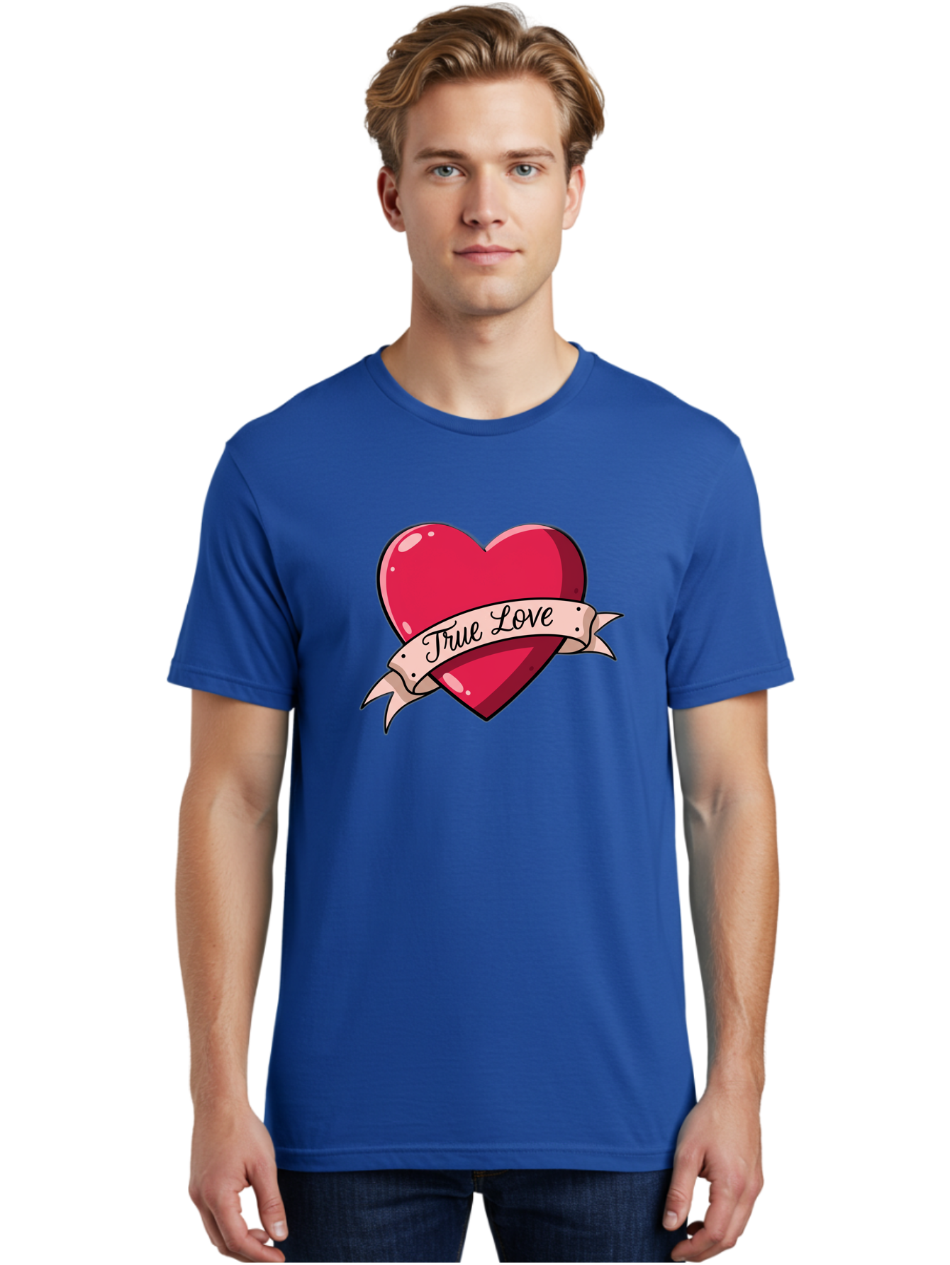 True-Love-2 Men'S Graphic Tee, 100% Cotton, Comfortable Casual Summer Wear, Machine Washable, Sweetheart Tattoo Design, Heart With Ribbon, True Love Phrase, Tattoo Art, Valentine Symbol, Love Heart Bae311 23