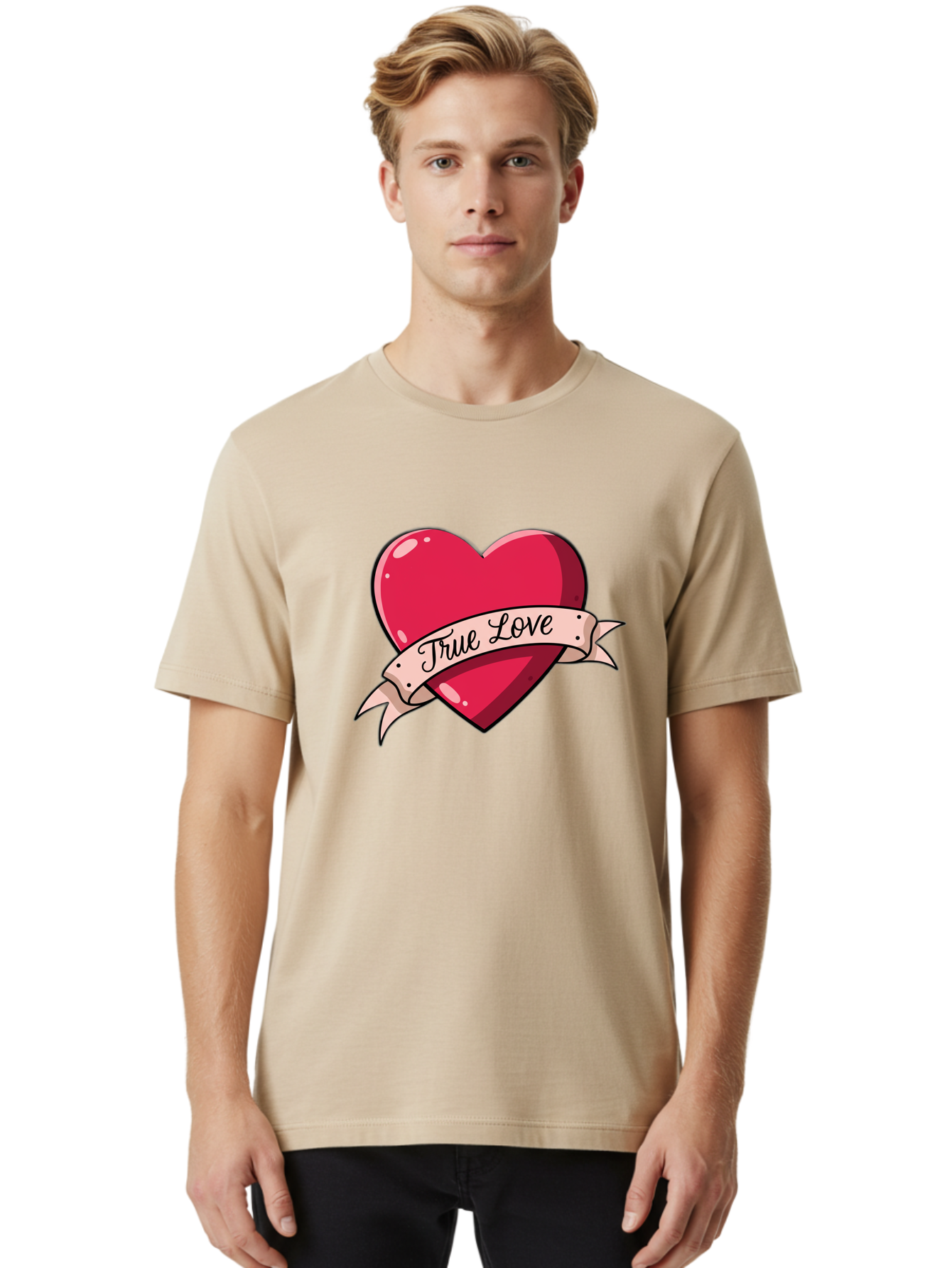 True-Love-2 Men'S Graphic Tee, 100% Cotton, Comfortable Casual Summer Wear, Machine Washable, Sweetheart Tattoo Design, Heart With Ribbon, True Love Phrase, Tattoo Art, Valentine Symbol, Love Heart Bae311 16