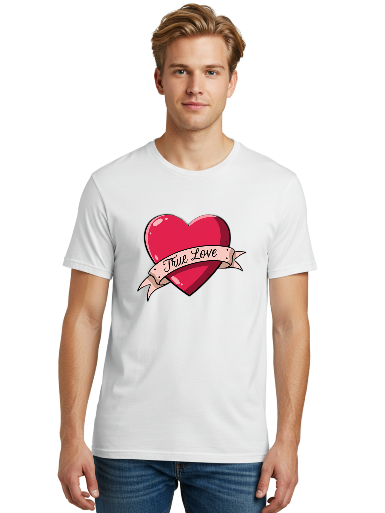 True-Love-2 Men'S Graphic Tee, 100% Cotton, Comfortable Casual Summer Wear, Machine Washable, Sweetheart Tattoo Design, Heart With Ribbon, True Love Phrase, Tattoo Art, Valentine Symbol, Love Heart Bae311 28
