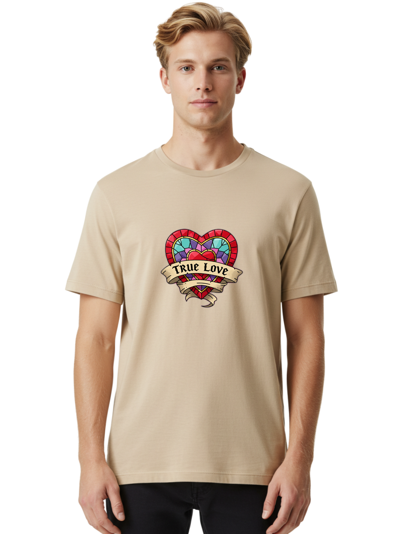 True-Love-5 Men'S Graphic Tee, 100% Cotton, Comfortable Casual Summer Wear, Machine Washable, Tattoo Style Heart, Stained Glass Heart, True Love, Valentine'S Day, Love Symbol, Heart Shaped, Romantic Gesture, Colorful Heart, Vintage Love Bae314 27