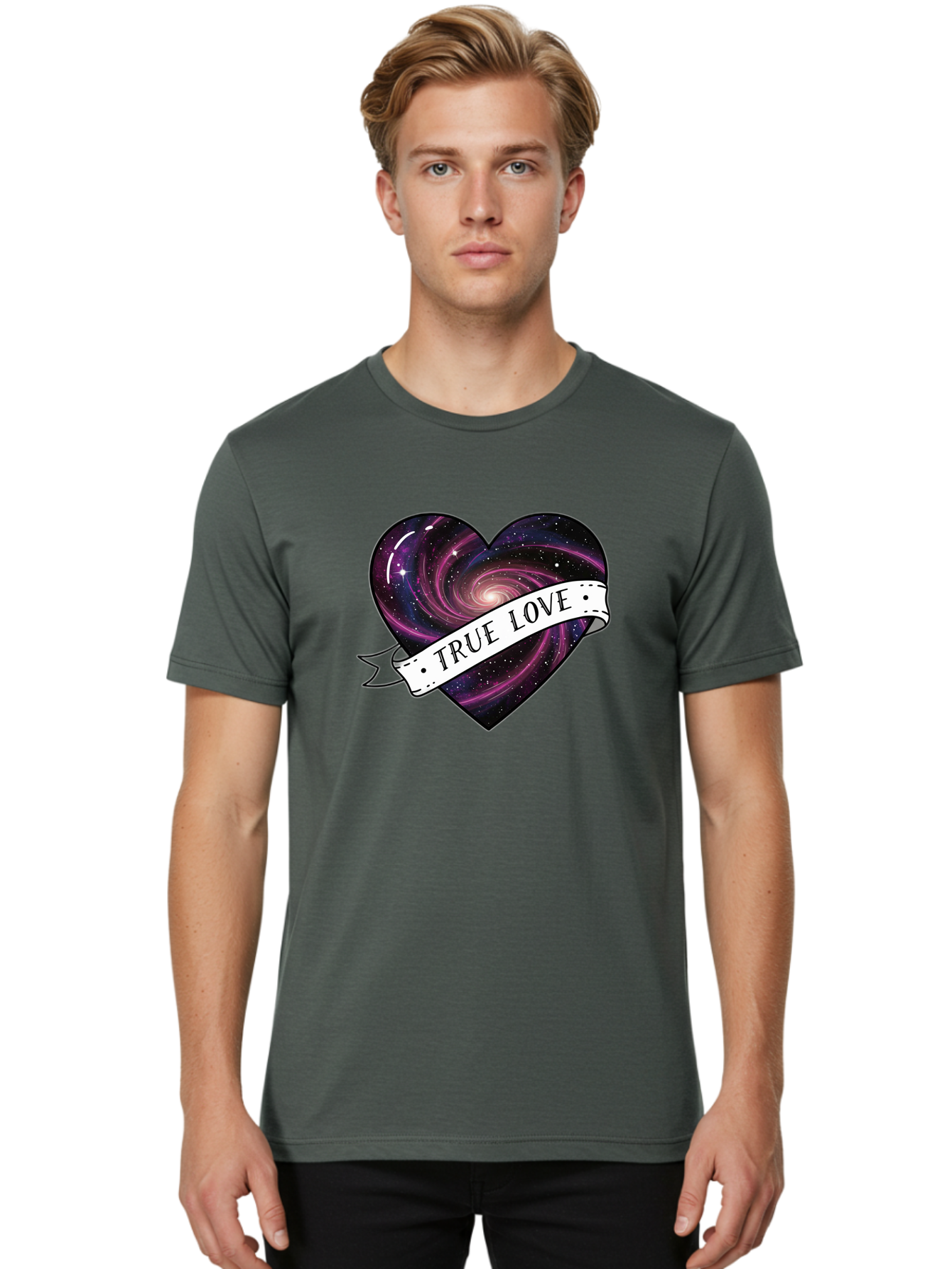 True-Love-7 Men'S Graphic Tee, 100% Cotton, Comfortable Casual Summer Wear, Machine Washable, Galaxy Heart, Cosmic Love, Purple Galaxy, Heart Shape, Stars And Planets, Romantic Symbol, True Love, Space-Inspired Art, Celestial Design, Bae316 24