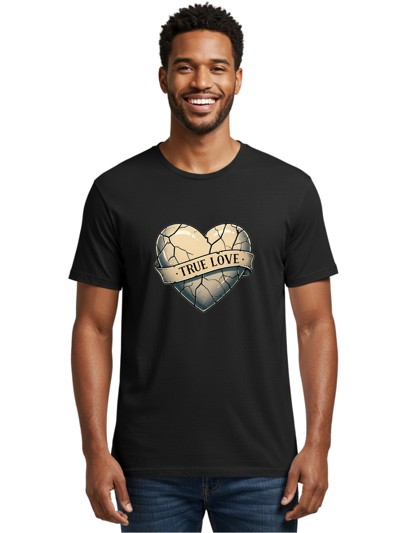 True-Love-8 Men'S Graphic Tee, 100% Cotton, Comfortable Casual Summer Wear, Machine Washable, Cracked Heart, True Love Banner, Vintage Design, Distressed Texture, Heart Symbol, Love Theme, Tattoo Style, Black And White Illustration Bae317 28