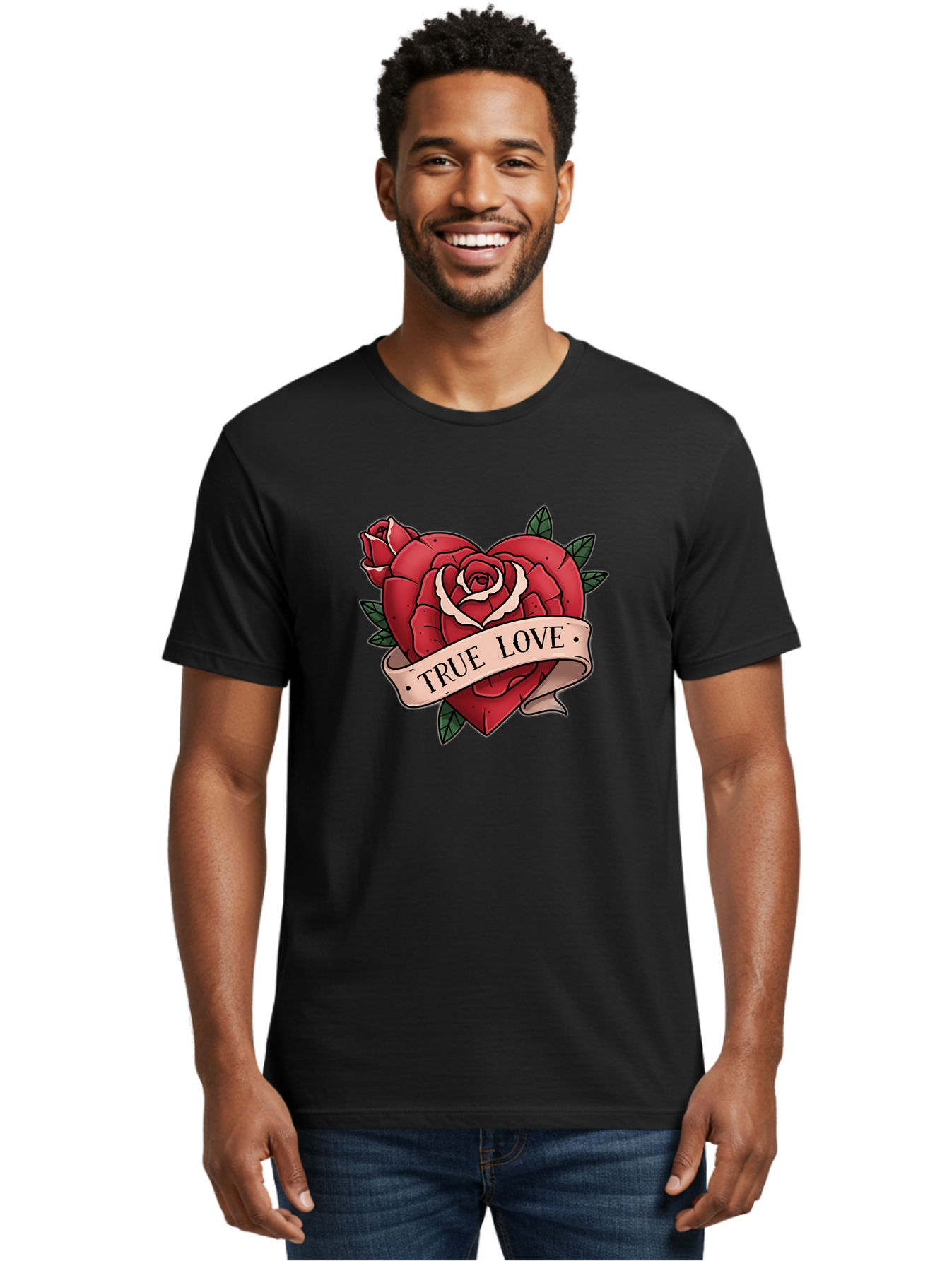 True-Love-9 Men'S Graphic Tee, 100% Cotton, Comfortable Casual Summer Wear, Machine Washable, Red Roses, True Love Banner, Vintage Tattoo Style, Symbolic Love, Classic Romance, Elegant Design, Beautiful Flowers, Floral Art Bae318 24
