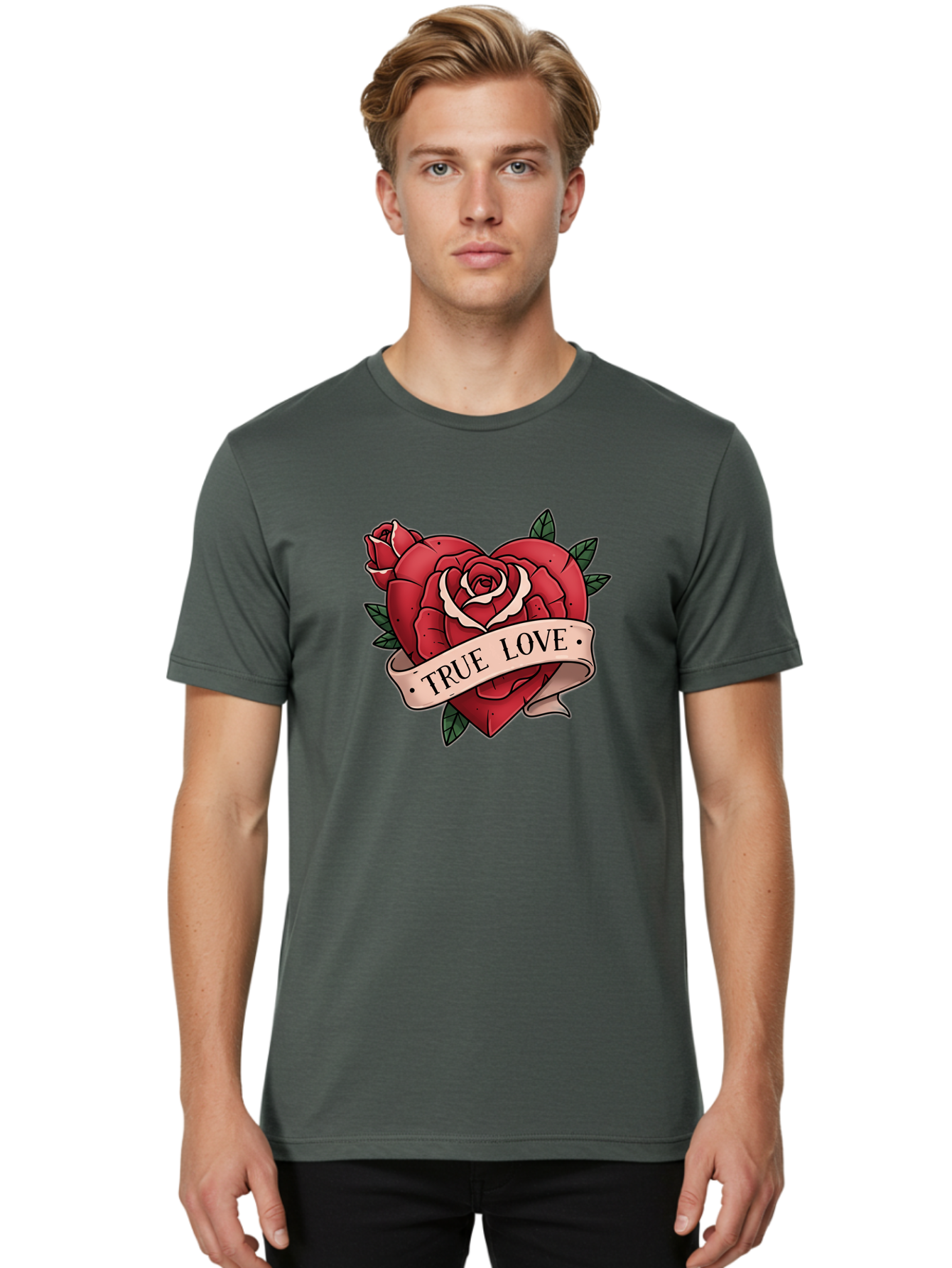 True-Love-9 Men'S Graphic Tee, 100% Cotton, Comfortable Casual Summer Wear, Machine Washable, Red Roses, True Love Banner, Vintage Tattoo Style, Symbolic Love, Classic Romance, Elegant Design, Beautiful Flowers, Floral Art Bae318 29
