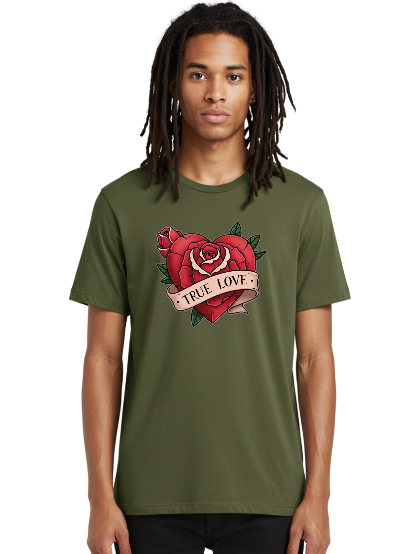 True-Love-9 Men'S Graphic Tee, 100% Cotton, Comfortable Casual Summer Wear, Machine Washable, Red Roses, True Love Banner, Vintage Tattoo Style, Symbolic Love, Classic Romance, Elegant Design, Beautiful Flowers, Floral Art Bae318 25
