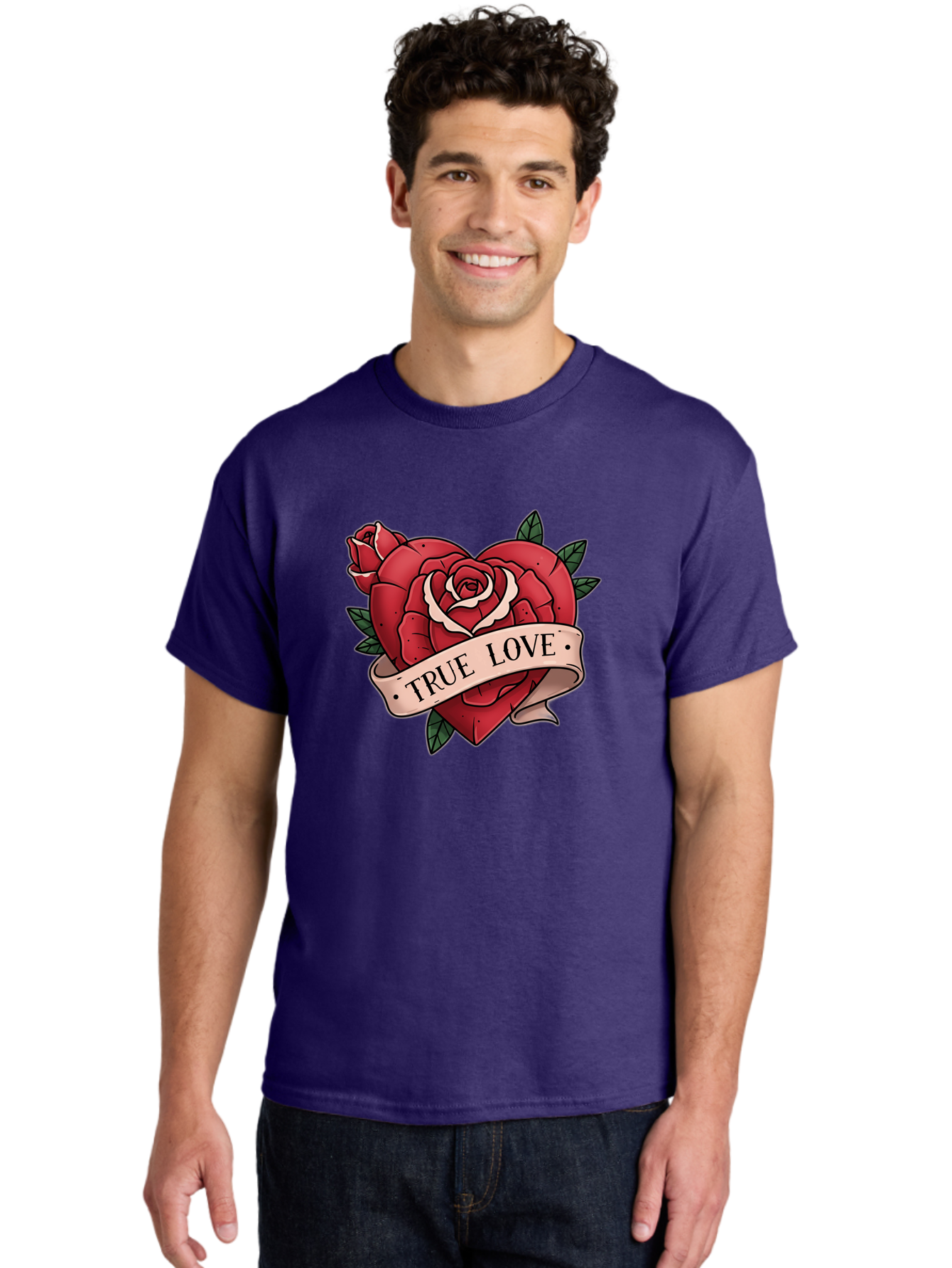 True-Love-9 Men'S Graphic Tee, 100% Cotton, Comfortable Casual Summer Wear, Machine Washable, Red Roses, True Love Banner, Vintage Tattoo Style, Symbolic Love, Classic Romance, Elegant Design, Beautiful Flowers, Floral Art Bae318 18