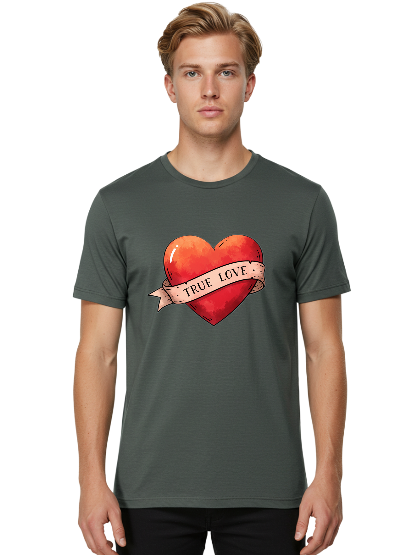 True-Love-Heart Men'S Graphic Tee, 100% Cotton, Comfortable Casual Summer Wear, Machine Washable, Red Heart, True Love, Tattoo Style, Ribbon Banner, Valentines Day Symbol, Love Heart, Classic Tattoo Design, Symbolic Heart Bae320 16