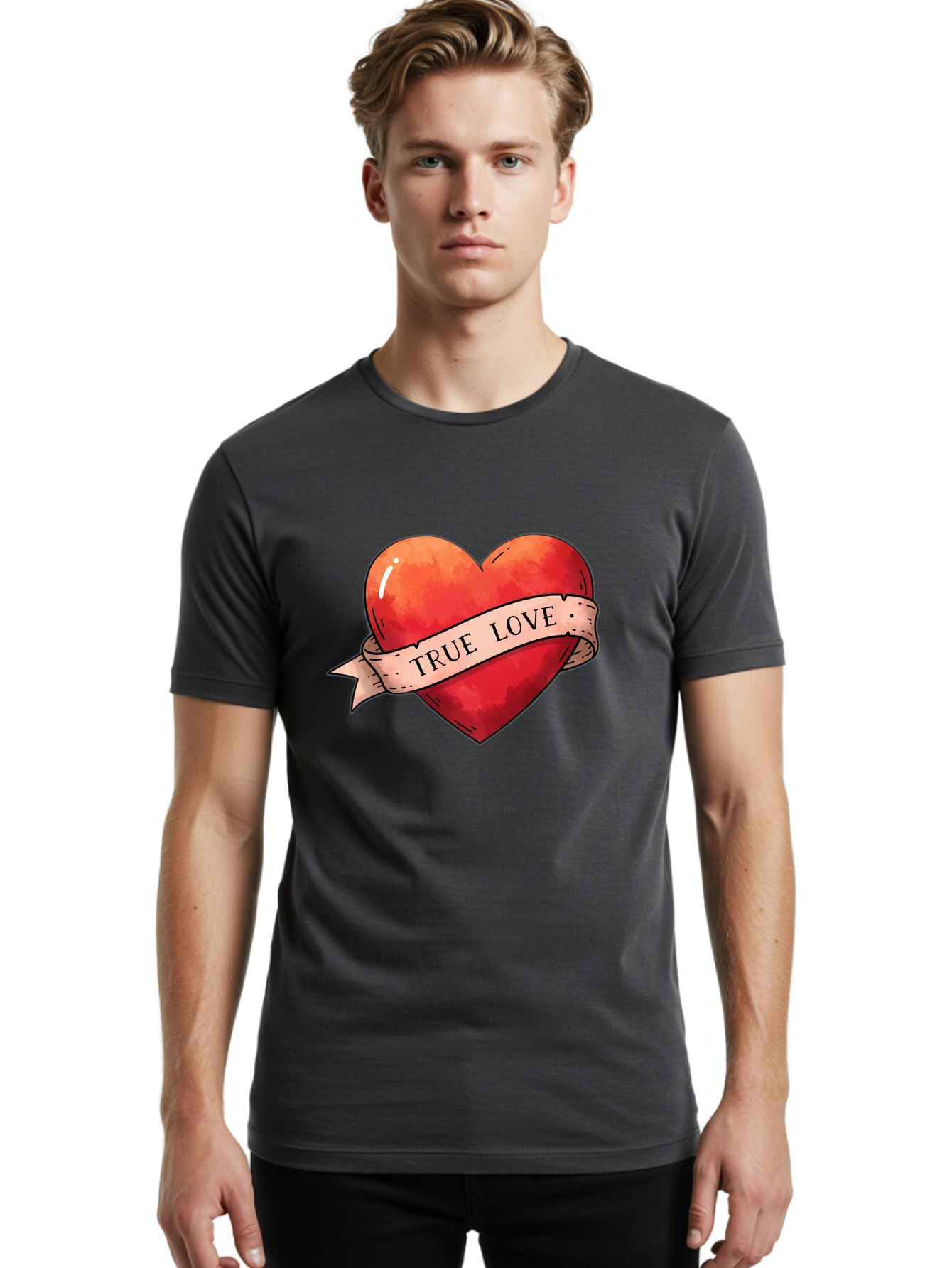 True-Love-Heart Men'S Graphic Tee, 100% Cotton, Comfortable Casual Summer Wear, Machine Washable, Red Heart, True Love, Tattoo Style, Ribbon Banner, Valentines Day Symbol, Love Heart, Classic Tattoo Design, Symbolic Heart Bae320 20