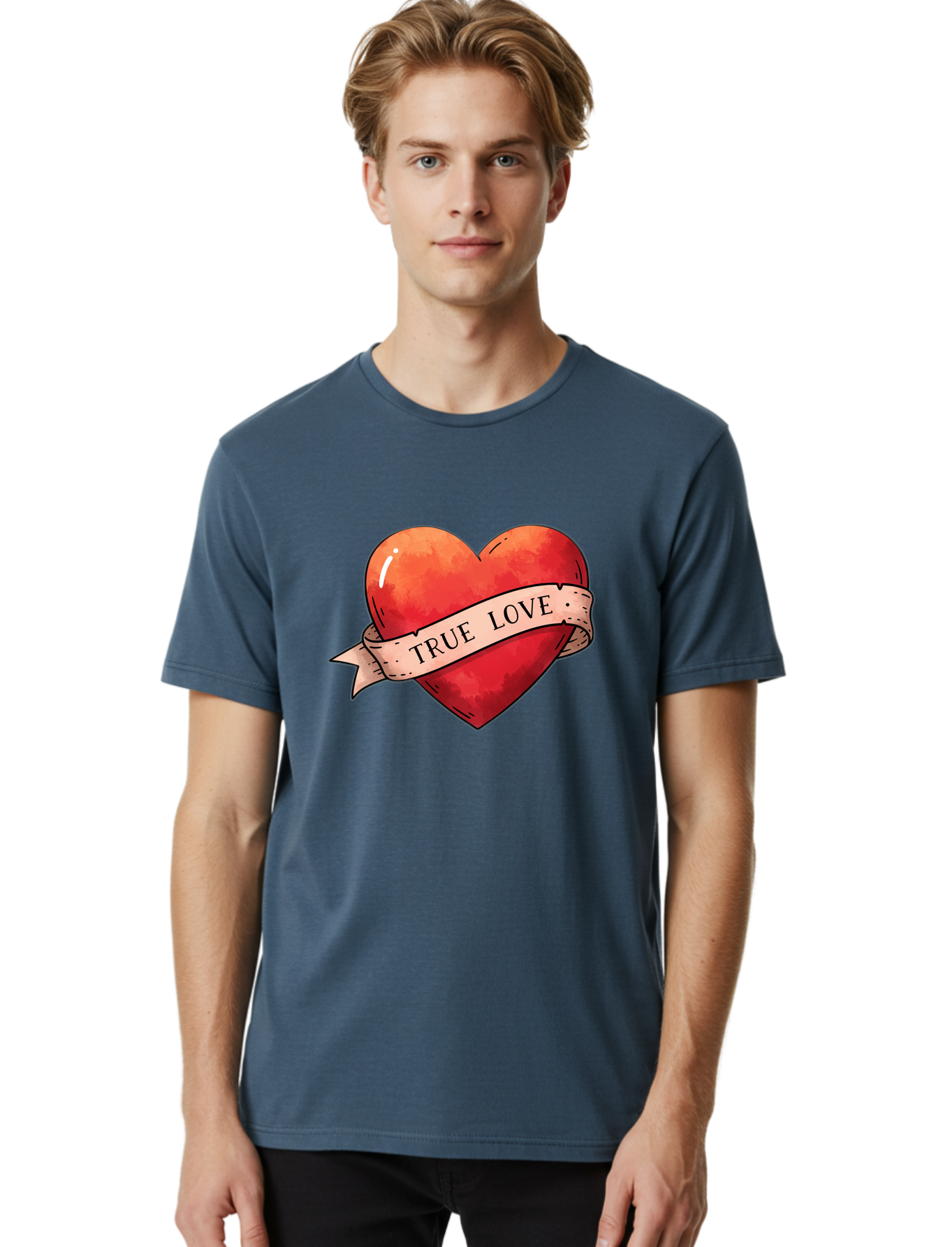 True-Love-Heart Men'S Graphic Tee, 100% Cotton, Comfortable Casual Summer Wear, Machine Washable, Red Heart, True Love, Tattoo Style, Ribbon Banner, Valentines Day Symbol, Love Heart, Classic Tattoo Design, Symbolic Heart Bae320 23