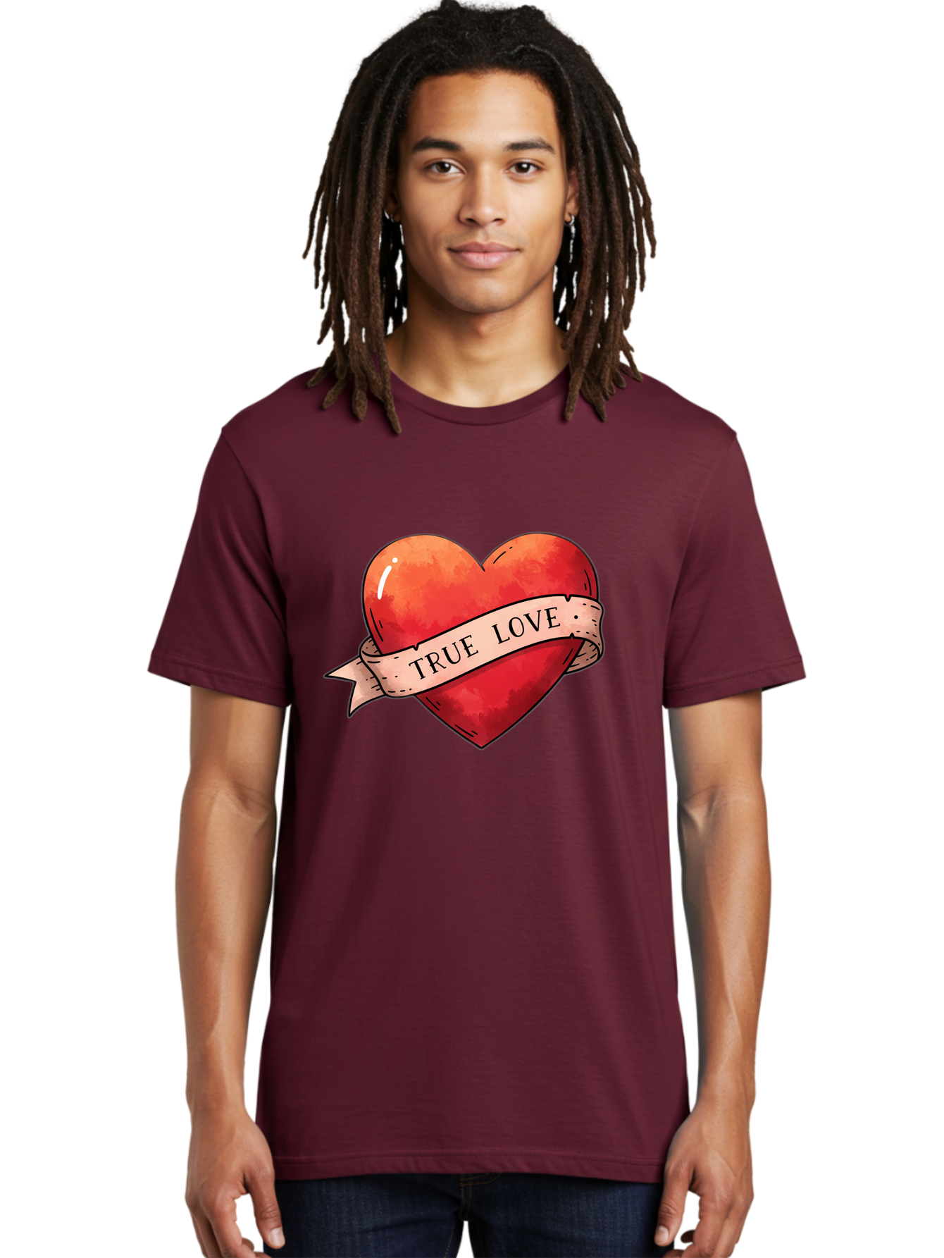 True-Love-Heart Men'S Graphic Tee, 100% Cotton, Comfortable Casual Summer Wear, Machine Washable, Red Heart, True Love, Tattoo Style, Ribbon Banner, Valentines Day Symbol, Love Heart, Classic Tattoo Design, Symbolic Heart Bae320 24