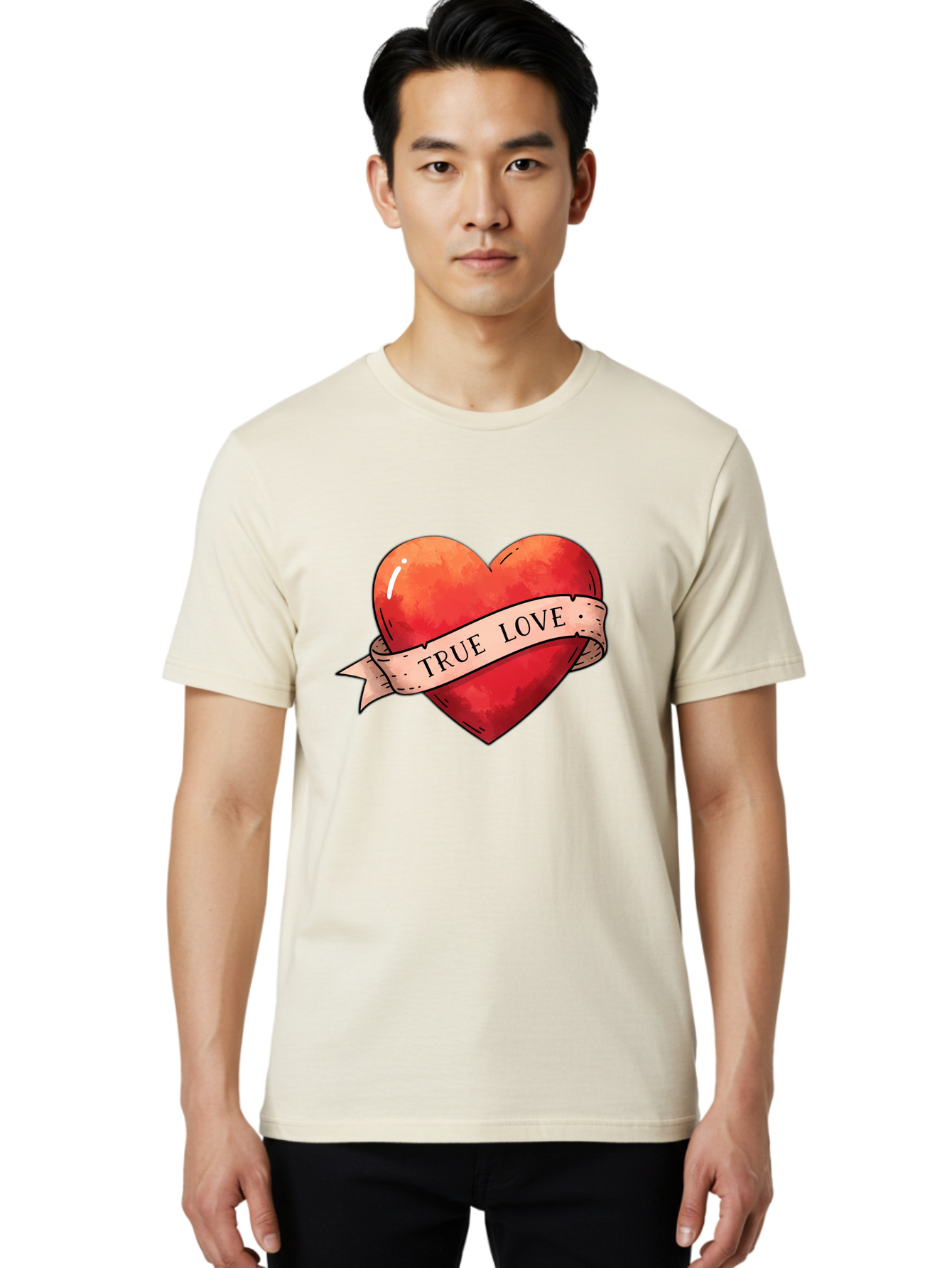 True-Love-Heart Men'S Graphic Tee, 100% Cotton, Comfortable Casual Summer Wear, Machine Washable, Red Heart, True Love, Tattoo Style, Ribbon Banner, Valentines Day Symbol, Love Heart, Classic Tattoo Design, Symbolic Heart Bae320 29