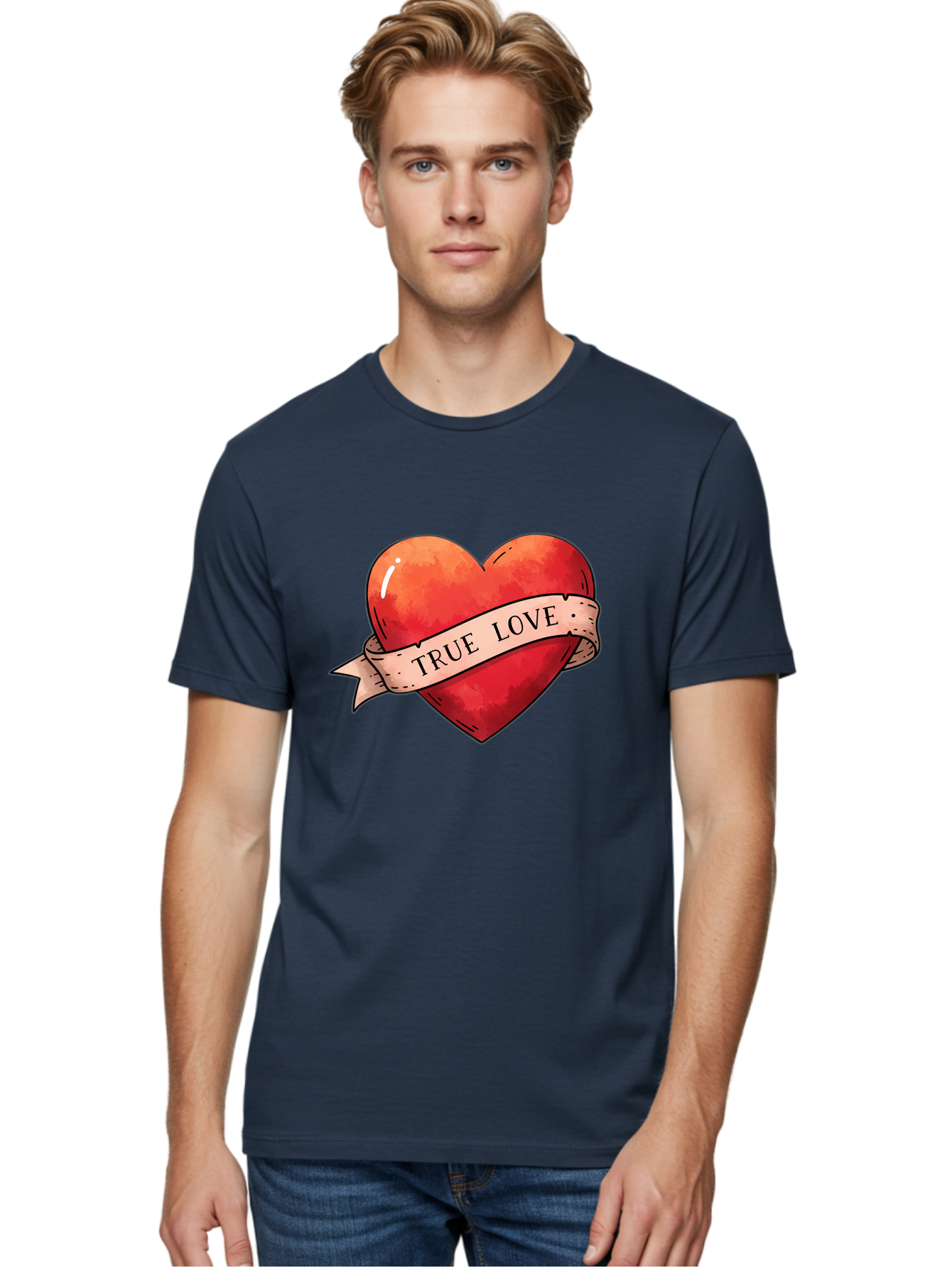 True-Love-Heart Men'S Graphic Tee, 100% Cotton, Comfortable Casual Summer Wear, Machine Washable, Red Heart, True Love, Tattoo Style, Ribbon Banner, Valentines Day Symbol, Love Heart, Classic Tattoo Design, Symbolic Heart Bae320 28