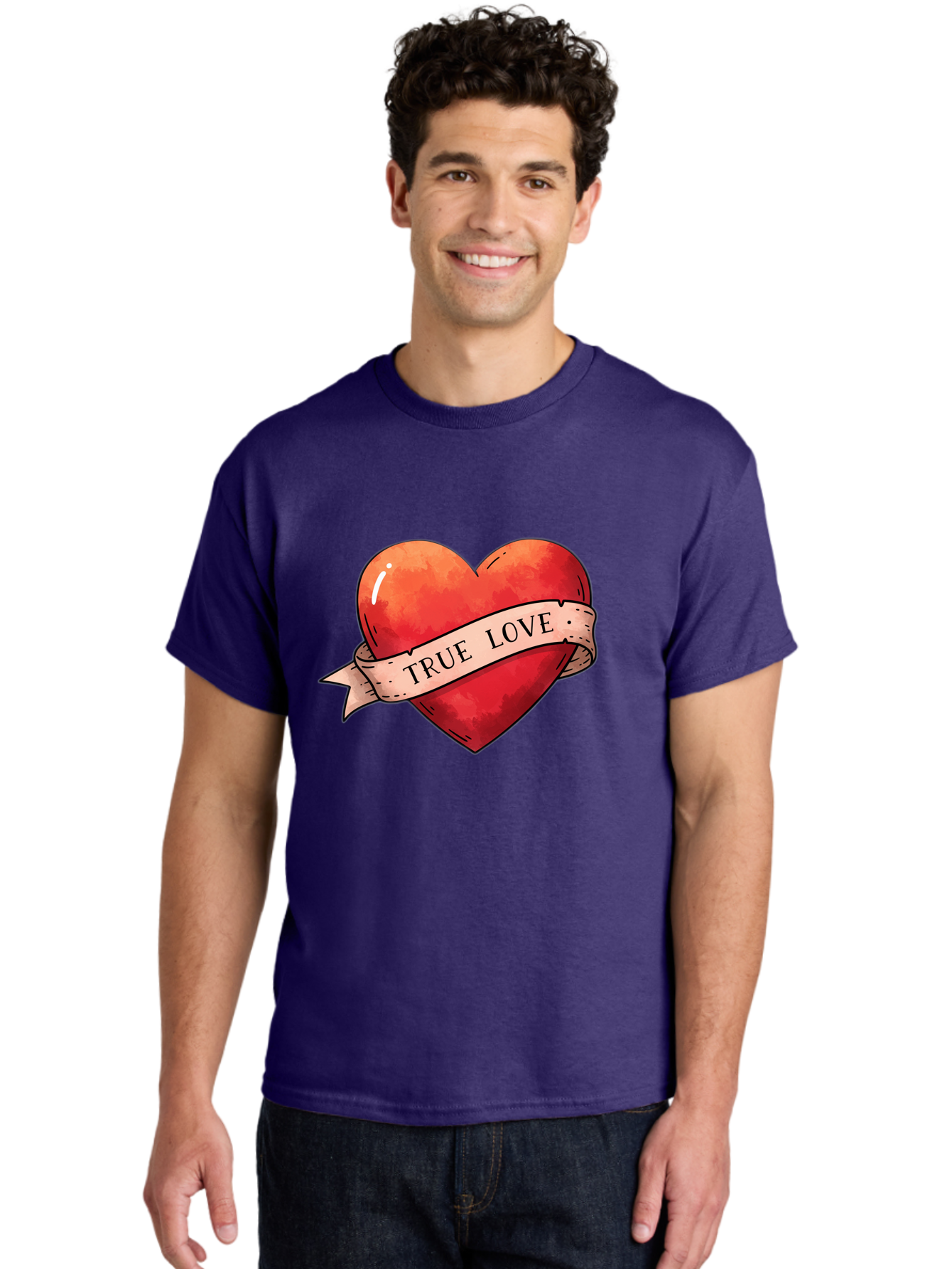True-Love-Heart Men'S Graphic Tee, 100% Cotton, Comfortable Casual Summer Wear, Machine Washable, Red Heart, True Love, Tattoo Style, Ribbon Banner, Valentines Day Symbol, Love Heart, Classic Tattoo Design, Symbolic Heart Bae320 26