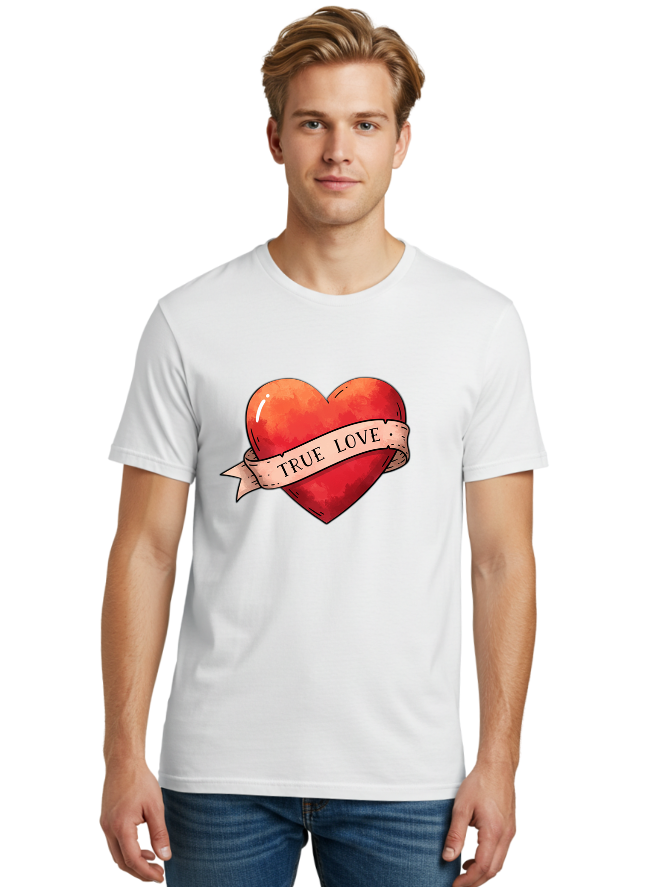 True-Love-Heart Men'S Graphic Tee, 100% Cotton, Comfortable Casual Summer Wear, Machine Washable, Red Heart, True Love, Tattoo Style, Ribbon Banner, Valentines Day Symbol, Love Heart, Classic Tattoo Design, Symbolic Heart Bae320 18
