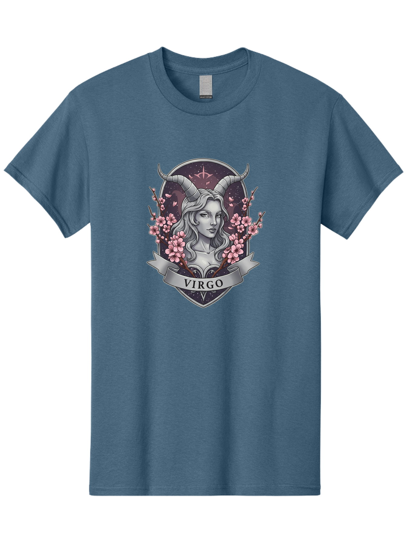 Virgo-1 Men'S Graphic Tee, 100% Cotton, Comfortable Casual Summer Wear, Machine Washable, Virgo Zodiac Sign, Woman With Horns, Cherry Blossoms, Astrology Symbol, Mystical Illustration, Mystical Art, Feminine Energy, Cosmic Design, Stars, Bae323 9