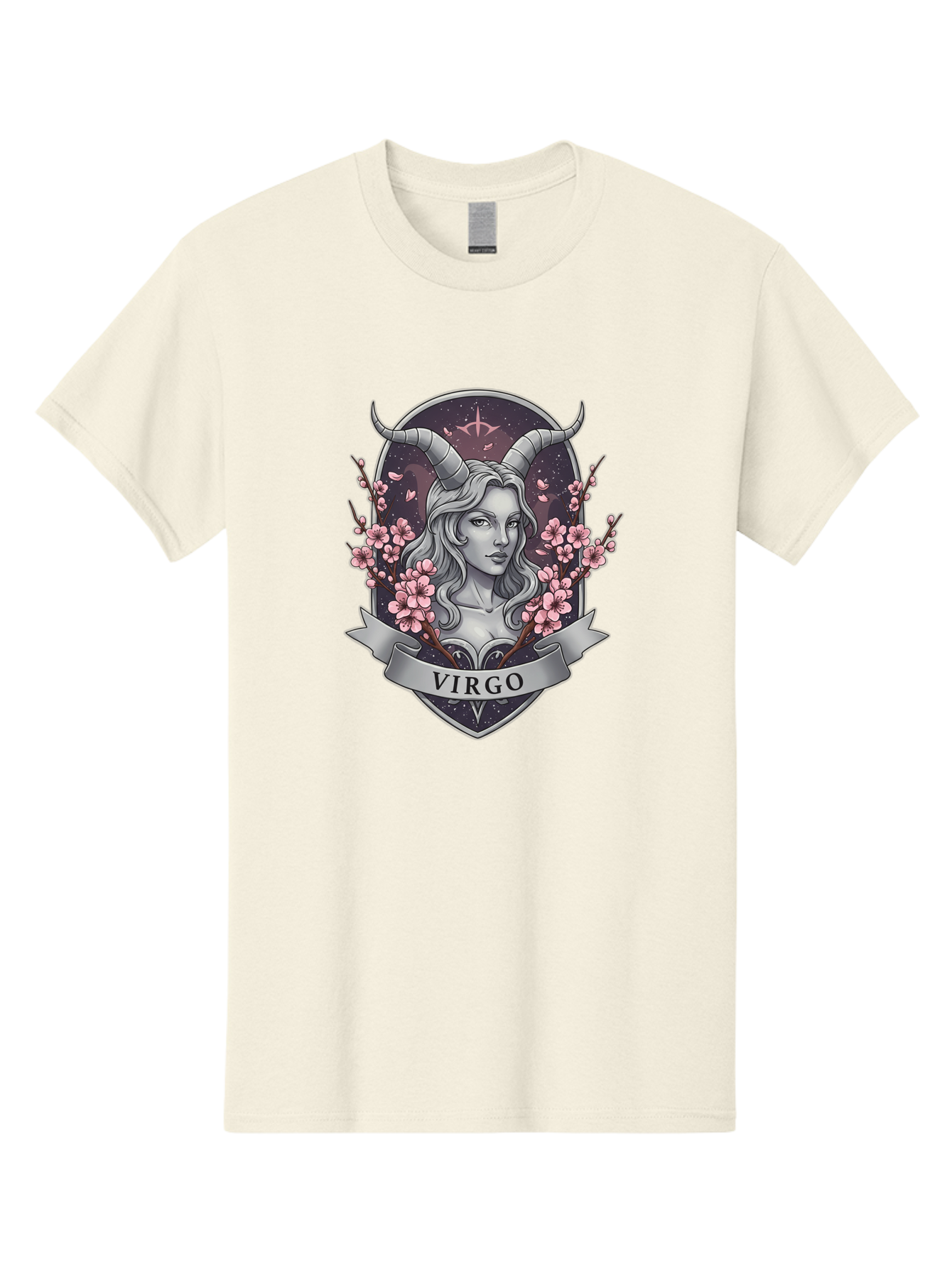 Virgo-1 Men'S Graphic Tee, 100% Cotton, Comfortable Casual Summer Wear, Machine Washable, Virgo Zodiac Sign, Woman With Horns, Cherry Blossoms, Astrology Symbol, Mystical Illustration, Mystical Art, Feminine Energy, Cosmic Design, Stars, Bae323 10