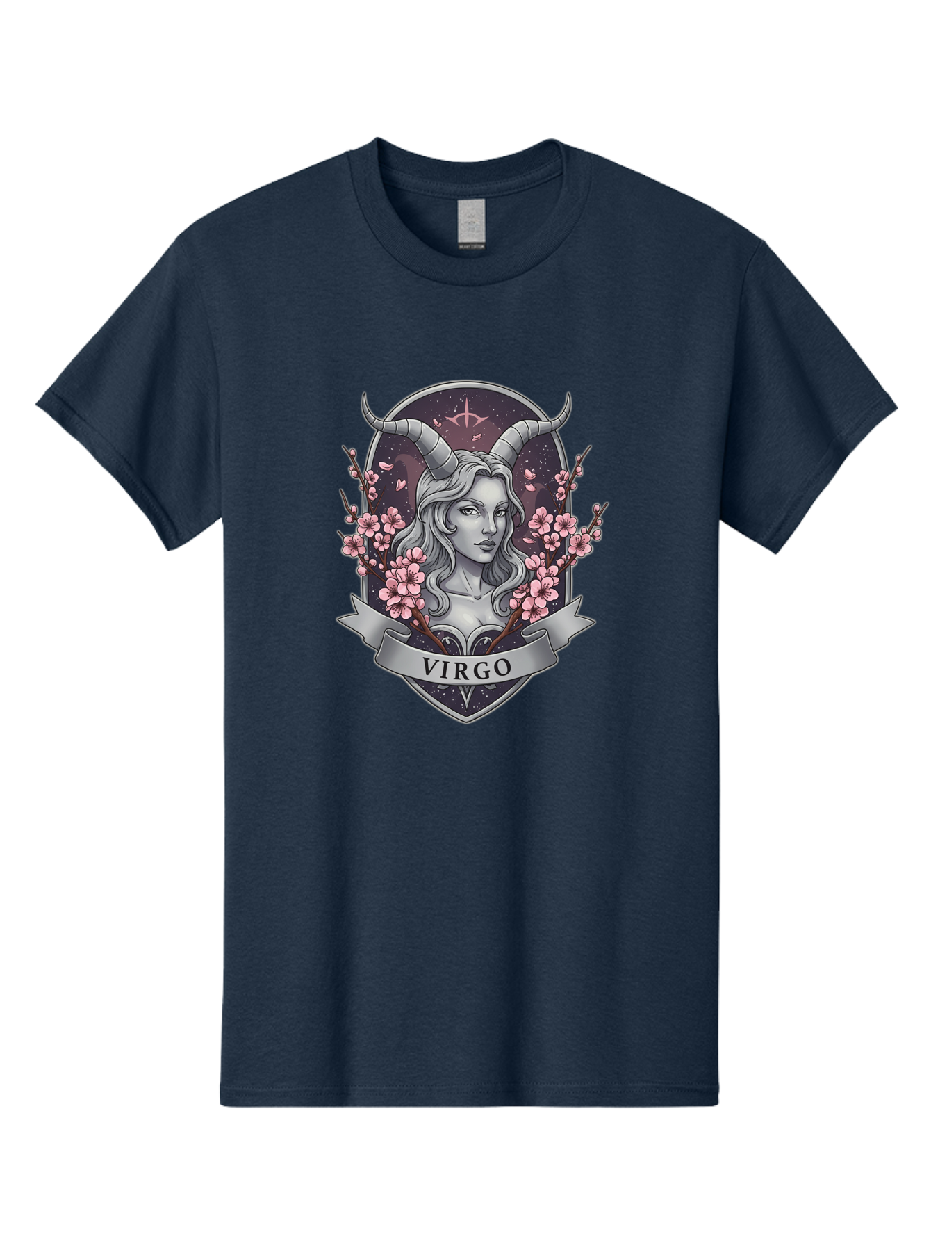 Virgo-1 Men'S Graphic Tee, 100% Cotton, Comfortable Casual Summer Wear, Machine Washable, Virgo Zodiac Sign, Woman With Horns, Cherry Blossoms, Astrology Symbol, Mystical Illustration, Mystical Art, Feminine Energy, Cosmic Design, Stars, Bae323 5
