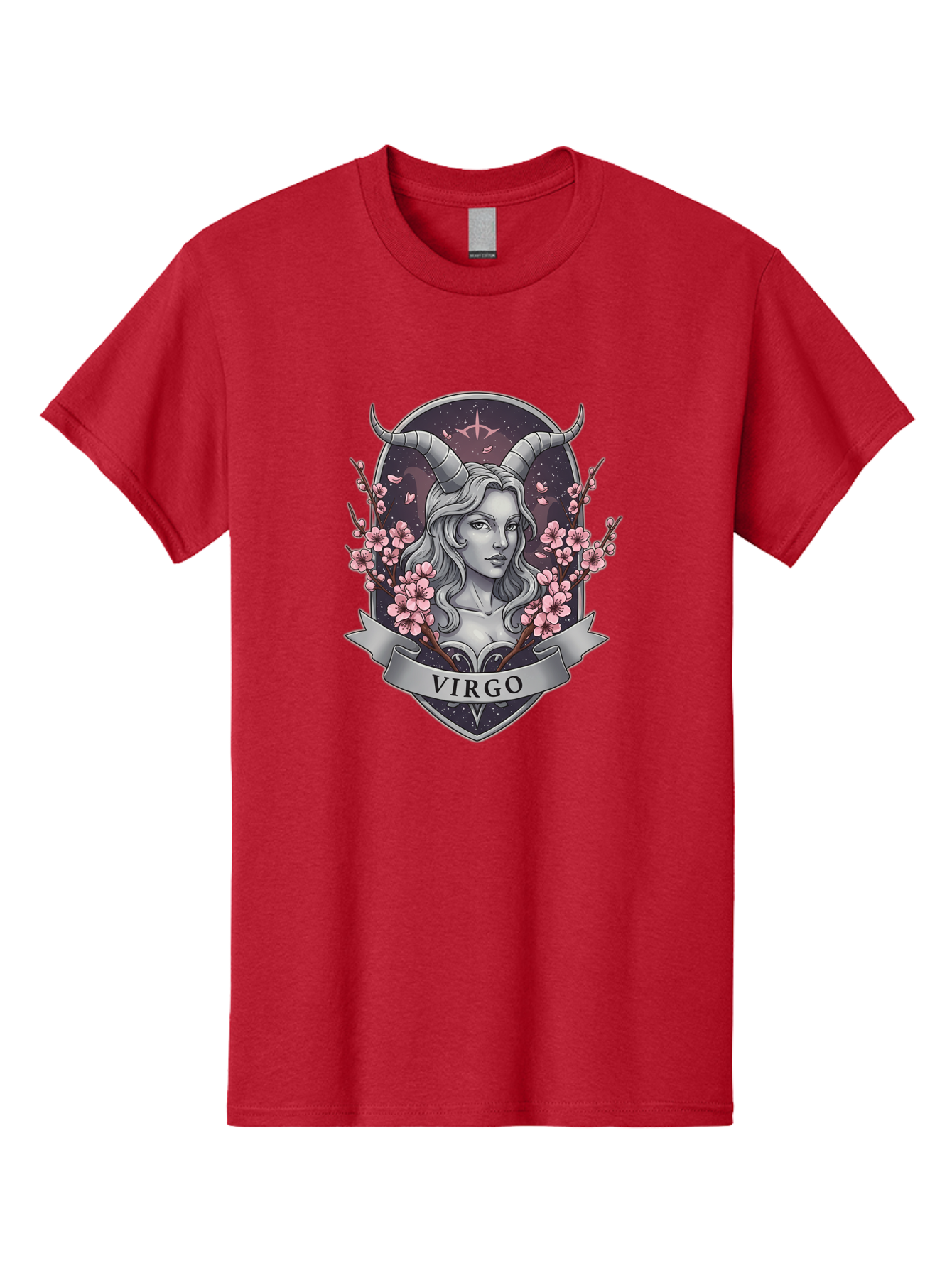 Virgo-1 Men'S Graphic Tee, 100% Cotton, Comfortable Casual Summer Wear, Machine Washable, Virgo Zodiac Sign, Woman With Horns, Cherry Blossoms, Astrology Symbol, Mystical Illustration, Mystical Art, Feminine Energy, Cosmic Design, Stars, Bae323 2