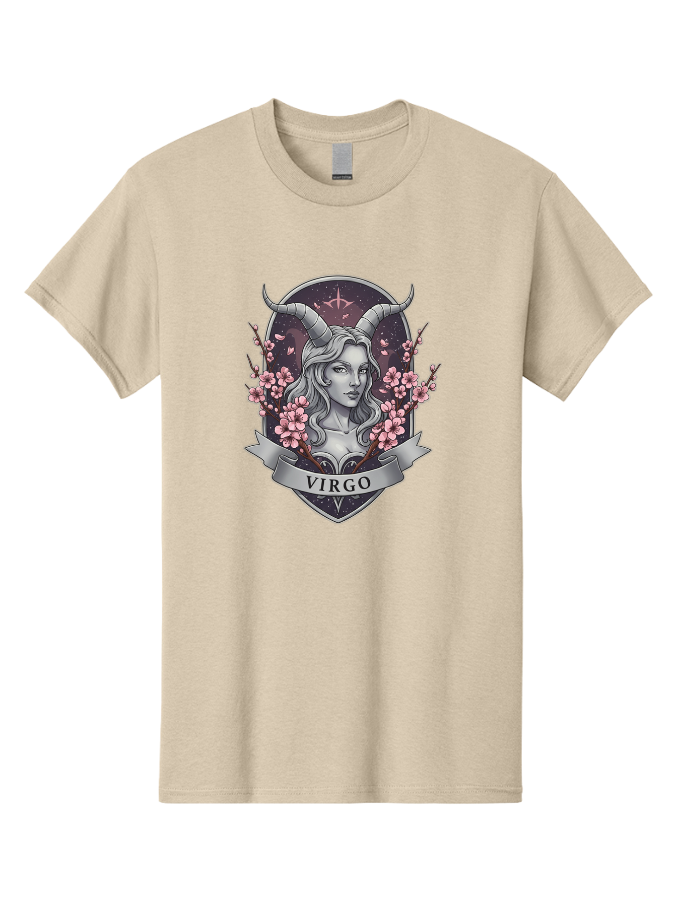 Virgo-1 Men'S Graphic Tee, 100% Cotton, Comfortable Casual Summer Wear, Machine Washable, Virgo Zodiac Sign, Woman With Horns, Cherry Blossoms, Astrology Symbol, Mystical Illustration, Mystical Art, Feminine Energy, Cosmic Design, Stars, Bae323 13