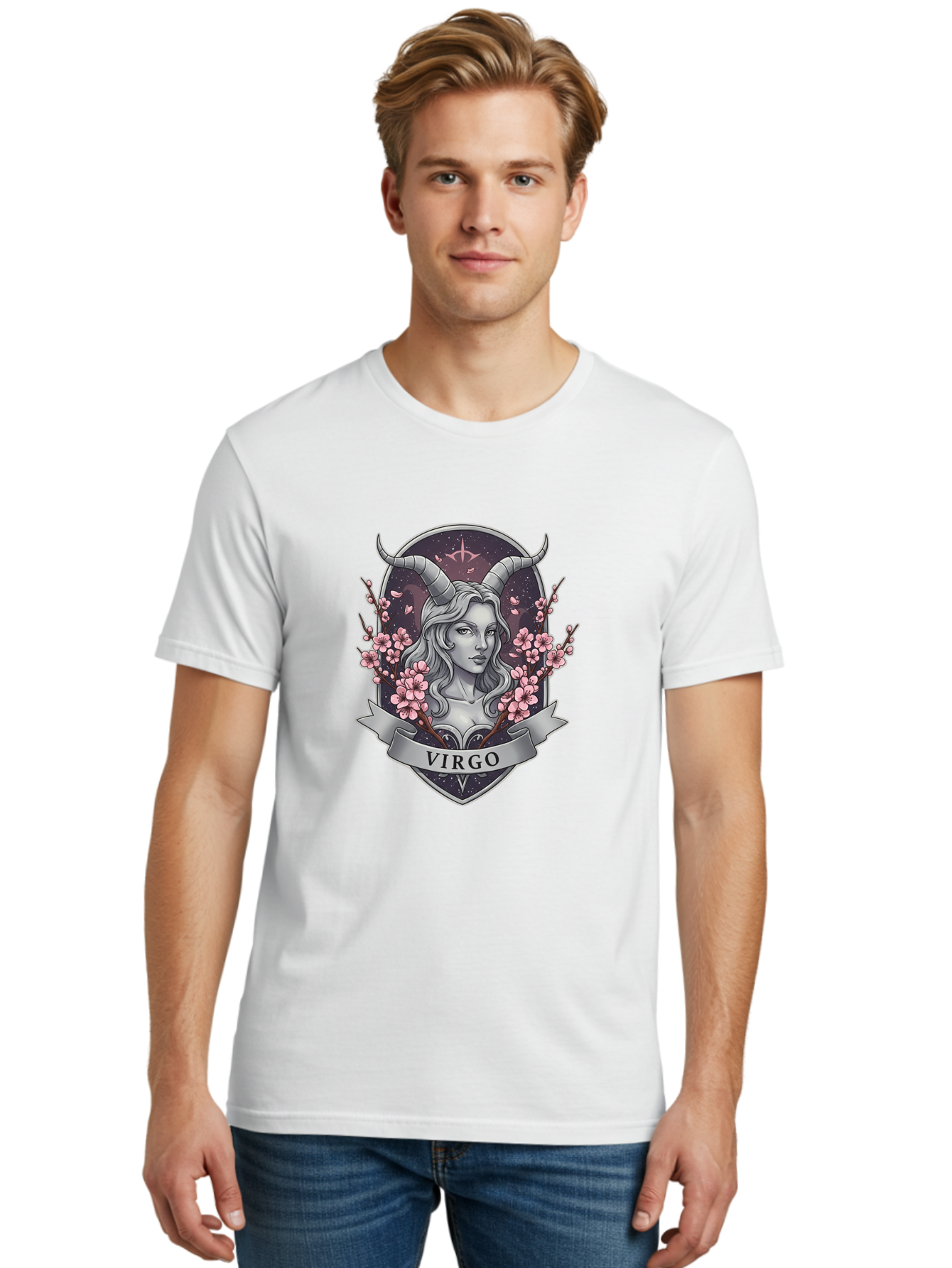 Virgo-1 Men'S Graphic Tee, 100% Cotton, Comfortable Casual Summer Wear, Machine Washable, Virgo Zodiac Sign, Woman With Horns, Cherry Blossoms, Astrology Symbol, Mystical Illustration, Mystical Art, Feminine Energy, Cosmic Design, Stars, Bae323 22