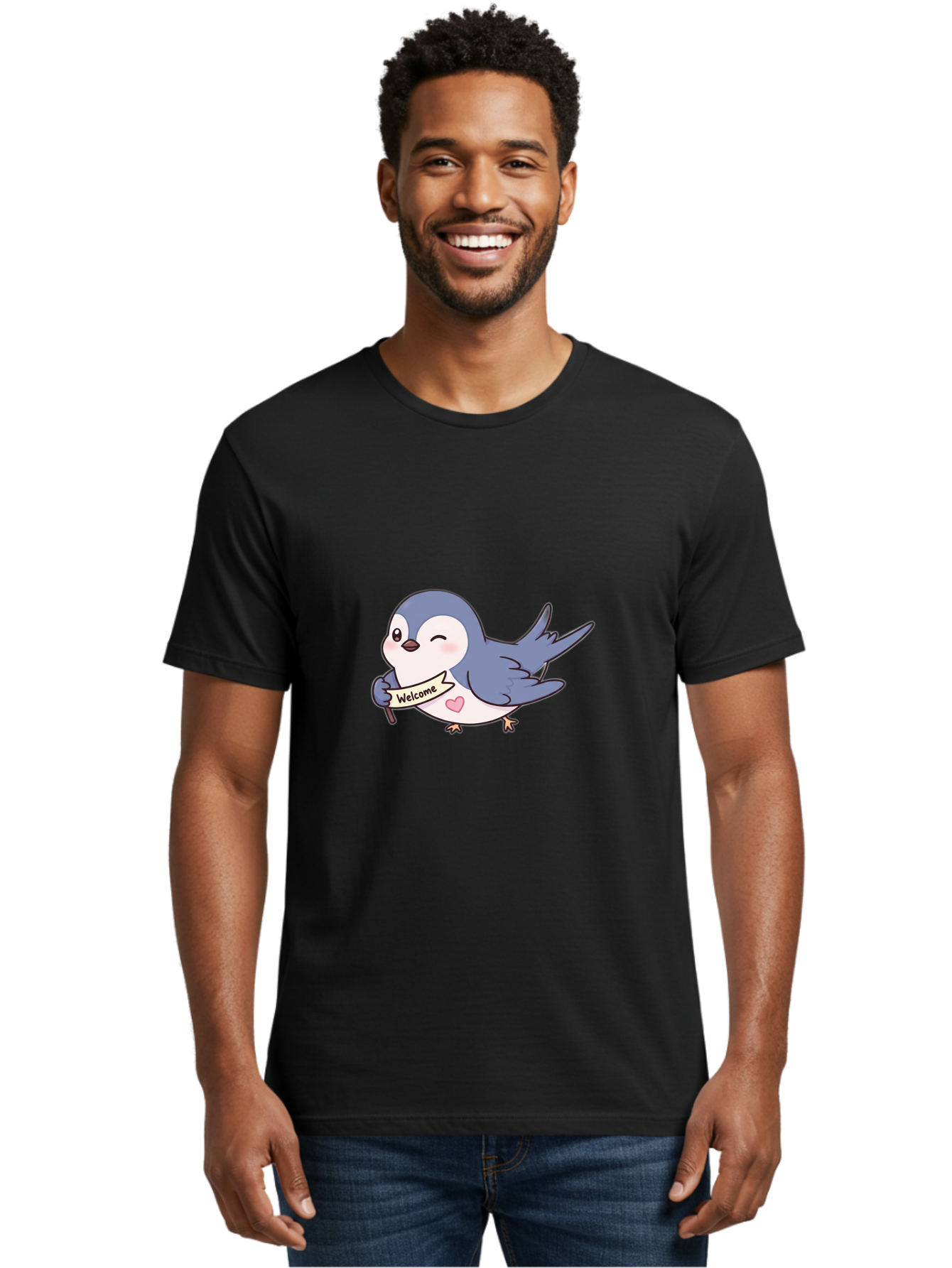 Welcome-Bird Men'S Graphic Tee, 100% Cotton, Comfortable Casual Summer Wear, Machine Washable, Bird Holding Welcome Sign, Cartoon Bird, Cute Bird, Heart On Bird, Welcome Message, Friendly Bird, Adorable Creature, Kawaii Bird Bae327 25