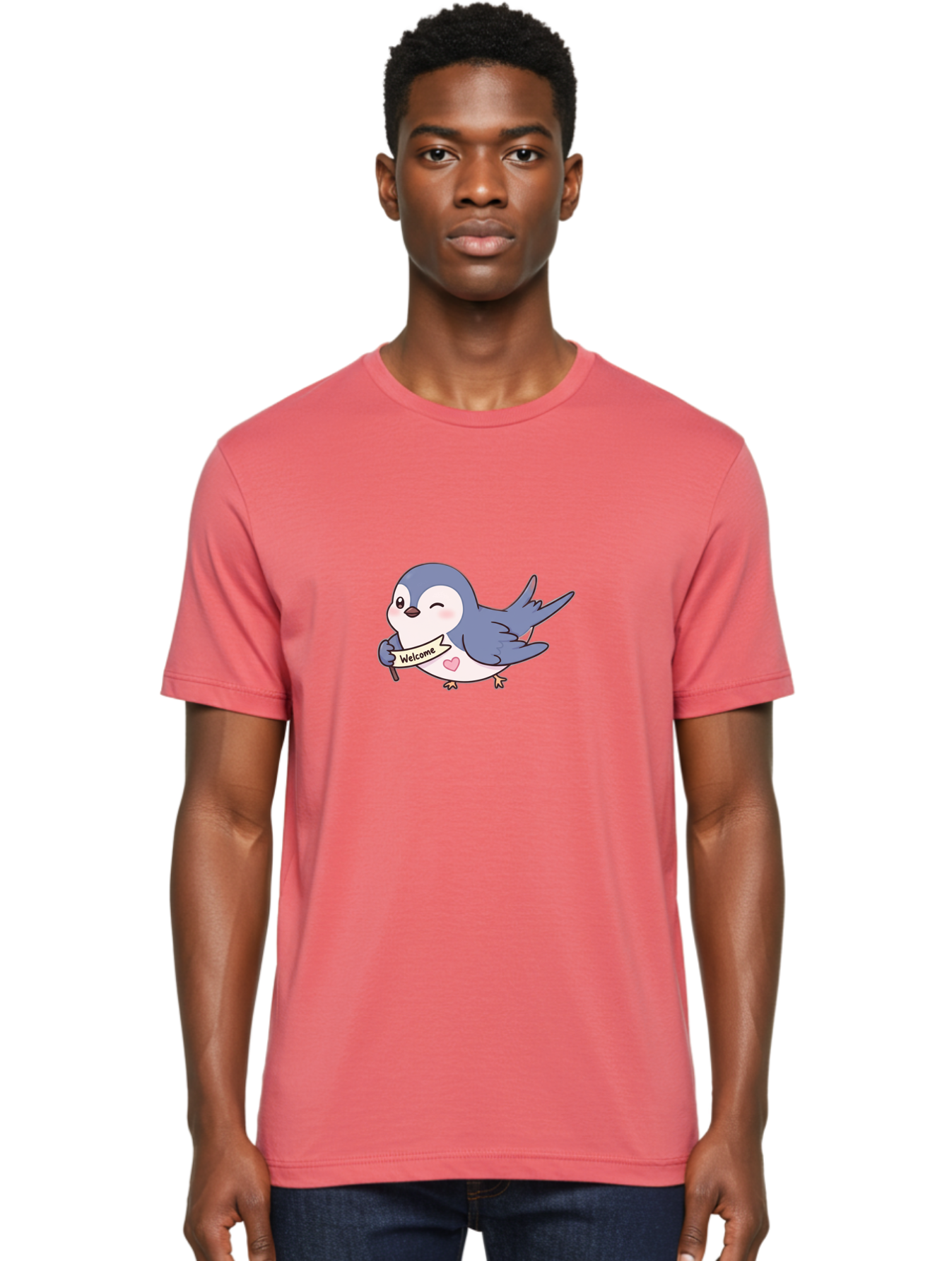 Welcome-Bird Men'S Graphic Tee, 100% Cotton, Comfortable Casual Summer Wear, Machine Washable, Bird Holding Welcome Sign, Cartoon Bird, Cute Bird, Heart On Bird, Welcome Message, Friendly Bird, Adorable Creature, Kawaii Bird Bae327 18