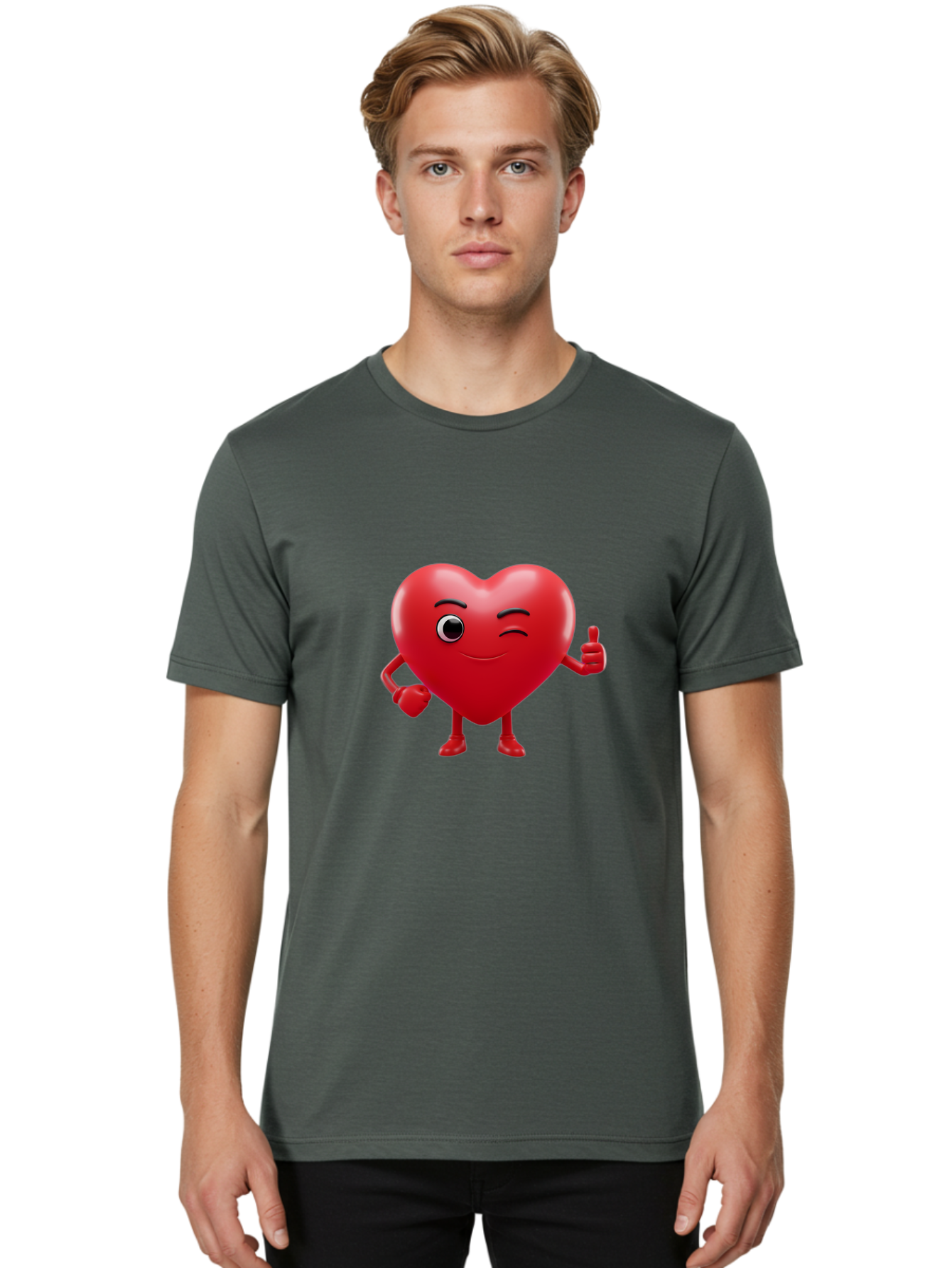Winking-Heart Men'S Graphic Tee, 100% Cotton, Comfortable Casual Summer Wear, Machine Washable, Heart Character, Heart With Face, Love Emoji, Heart Eyes, Heart Thumbs Up, Red Heart Bae328 24