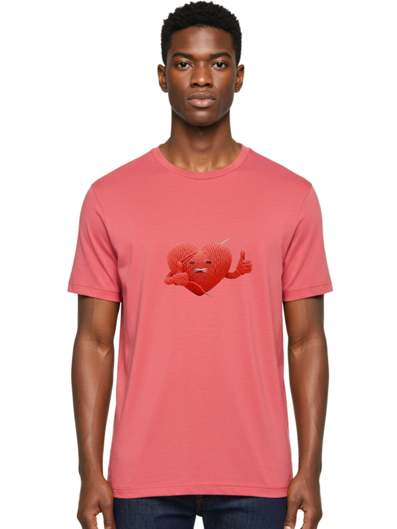 Yarn-Heart Men'S Graphic Tee, 100% Cotton, Comfortable Casual Summer Wear, Machine Washable, Knitted Heart, Cartoon Character, Knitting Yarn, Knitting Needles, Smiling Face, Thumbs Up, Happy Emotion, Creative Design, Quirky Illustration, Bae329 29