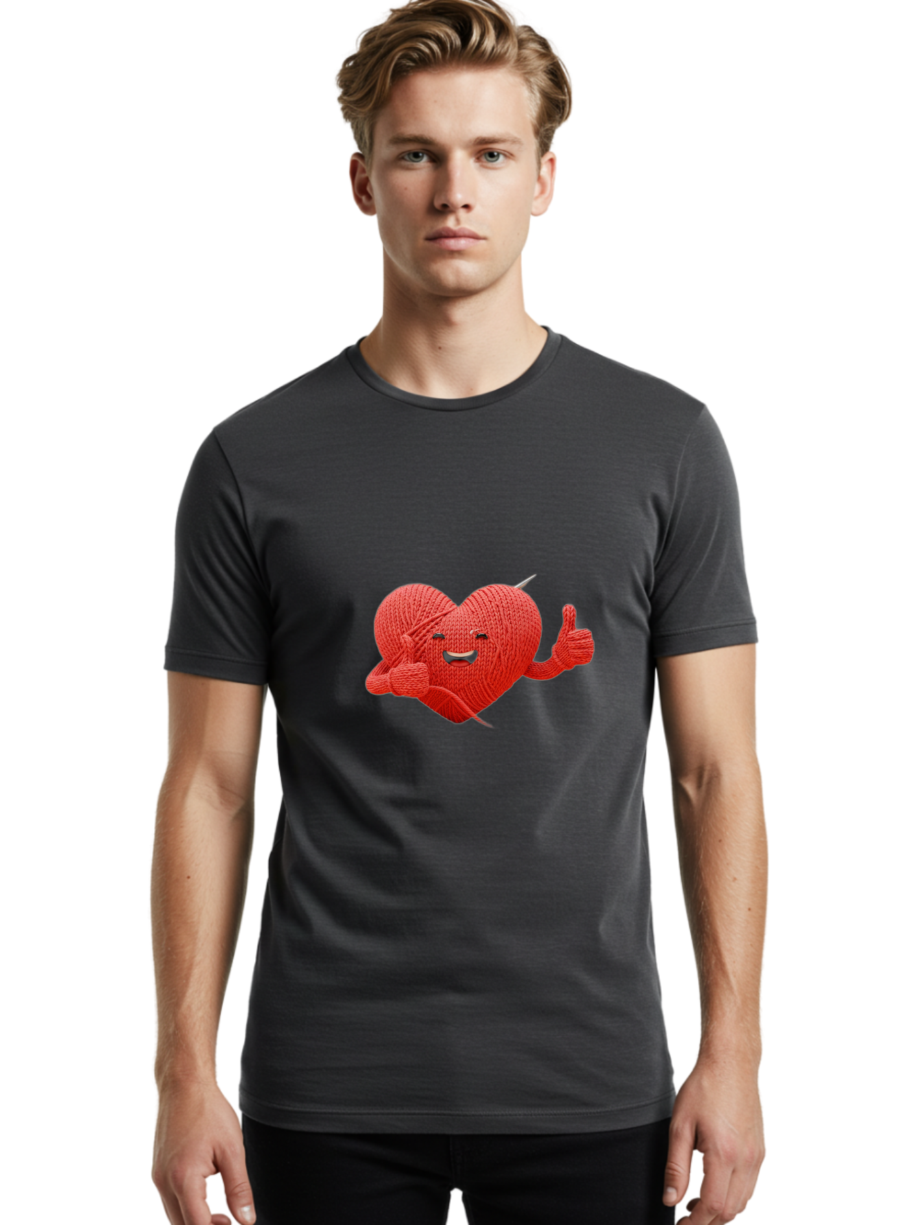 Yarn-Heart Men'S Graphic Tee, 100% Cotton, Comfortable Casual Summer Wear, Machine Washable, Knitted Heart, Cartoon Character, Knitting Yarn, Knitting Needles, Smiling Face, Thumbs Up, Happy Emotion, Creative Design, Quirky Illustration, Bae329 30