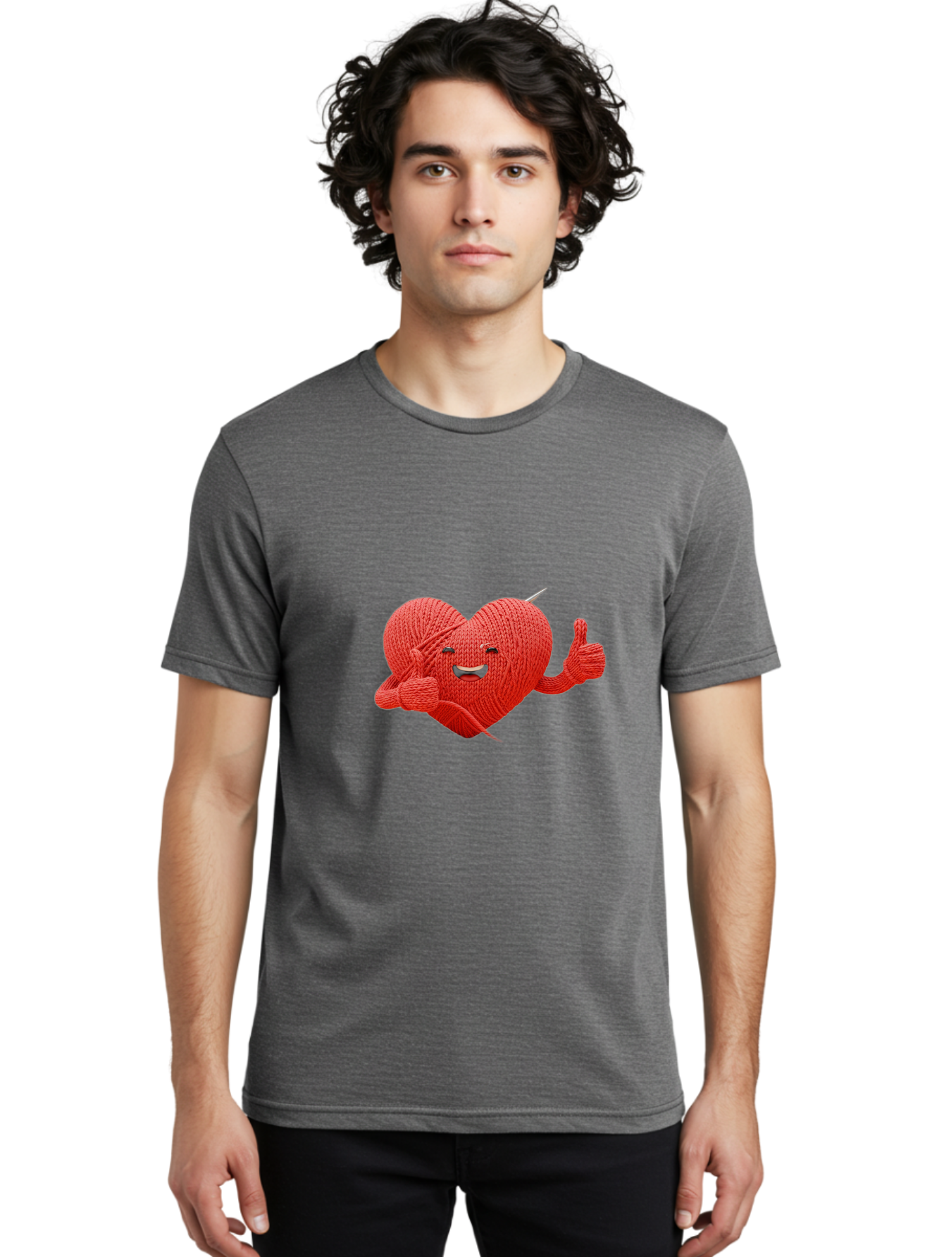 Yarn-Heart Men'S Graphic Tee, 100% Cotton, Comfortable Casual Summer Wear, Machine Washable, Knitted Heart, Cartoon Character, Knitting Yarn, Knitting Needles, Smiling Face, Thumbs Up, Happy Emotion, Creative Design, Quirky Illustration, Bae329 24