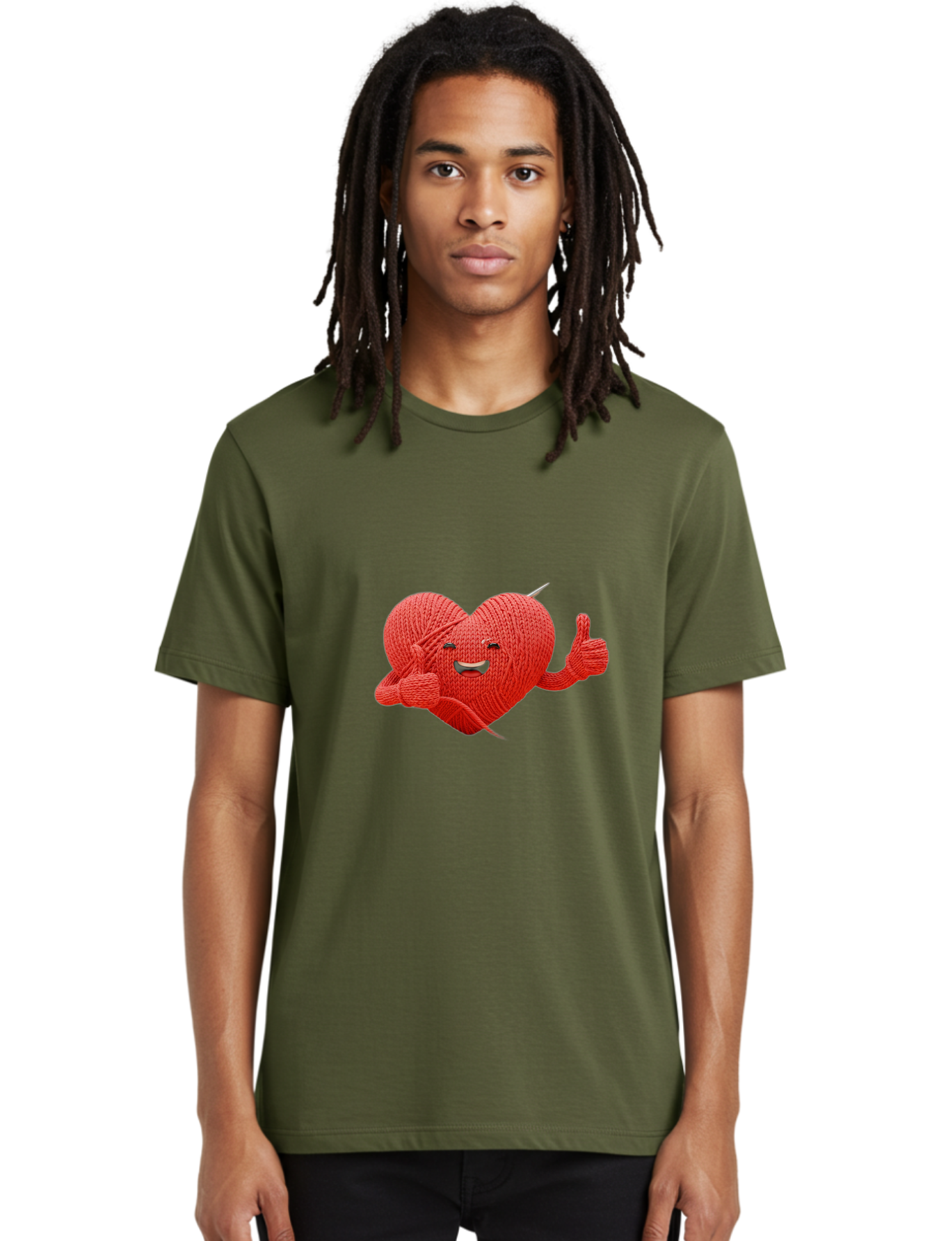 Yarn-Heart Men'S Graphic Tee, 100% Cotton, Comfortable Casual Summer Wear, Machine Washable, Knitted Heart, Cartoon Character, Knitting Yarn, Knitting Needles, Smiling Face, Thumbs Up, Happy Emotion, Creative Design, Quirky Illustration, Bae329 19