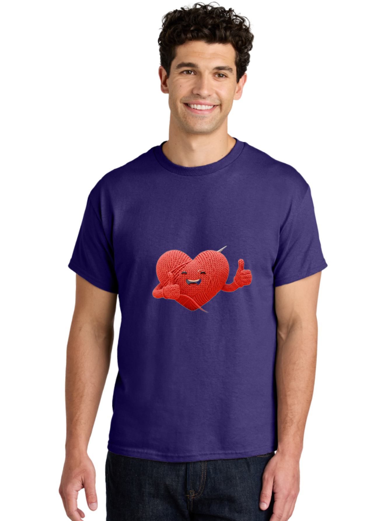 Yarn-Heart Men'S Graphic Tee, 100% Cotton, Comfortable Casual Summer Wear, Machine Washable, Knitted Heart, Cartoon Character, Knitting Yarn, Knitting Needles, Smiling Face, Thumbs Up, Happy Emotion, Creative Design, Quirky Illustration, Bae329 18